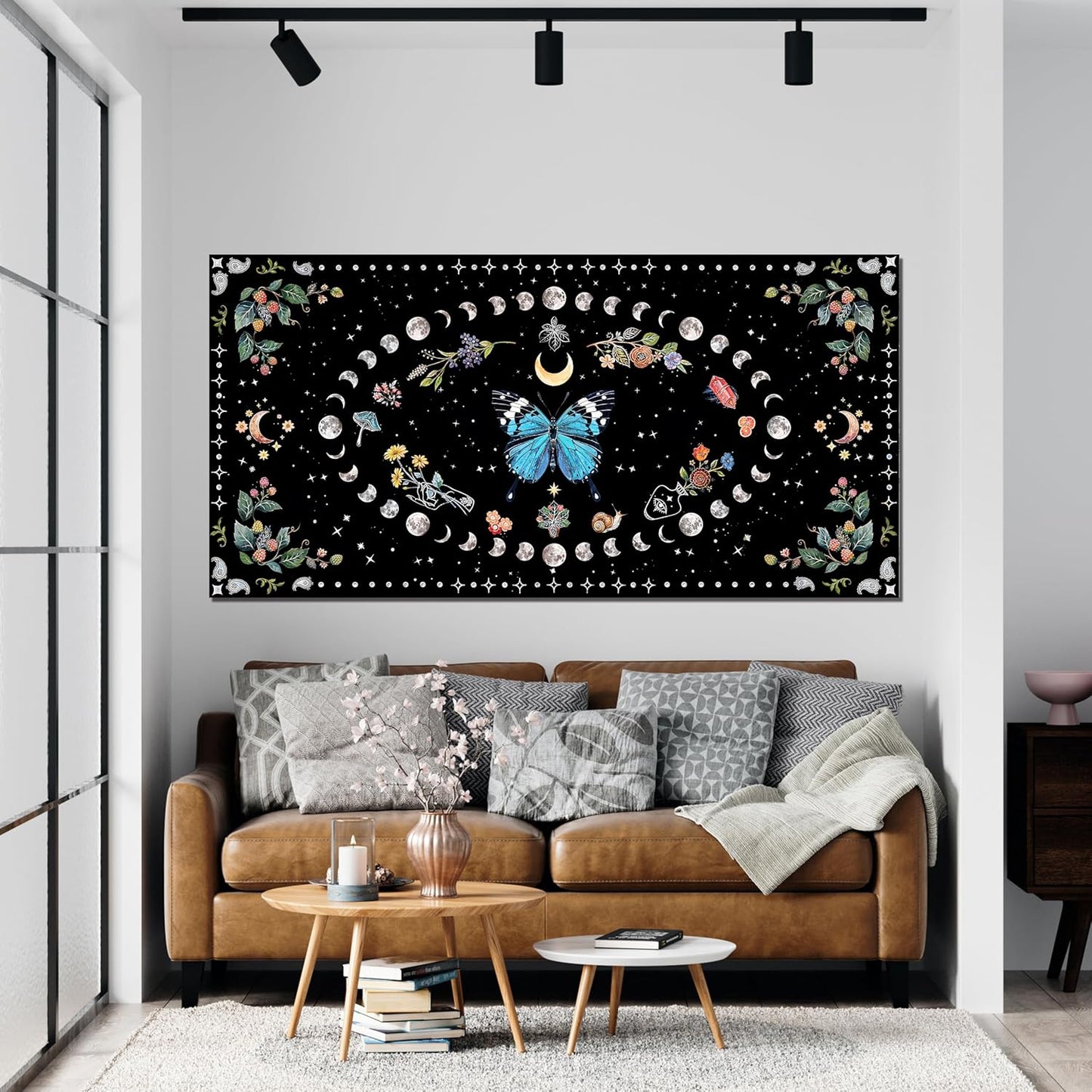 Large Canvas Wall Art Blue Boho Wall art Decor Canvas Art Wall Decor Wall Pictures for Living Room Vintage Butterfly Wall Art Moon Flower Prints Large Artwork for Walls Home Room Decor 29" X 58"