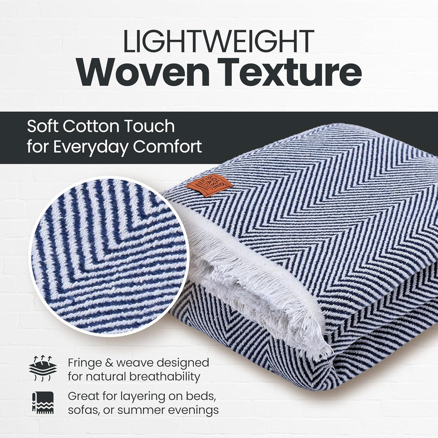 Gold Case Throw Blanket for Bed – 100% Recycled Turkish Cotton Bed Blanket – Decorative Throw Cotton Blankets for Living Room & Bedroom – Woven Twin Blankets - 71x90 - Navy Blue