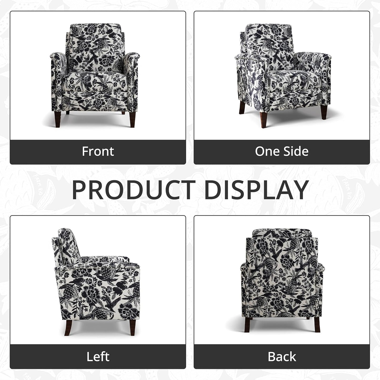 Floral Accent Chair Set of 2, High Back Upholstered Armchair with Solid Wooden Legs, Padded Armrest and Removable Comfortable Cushioned Seat Single Sofa for Living Room, Bedroom, Black