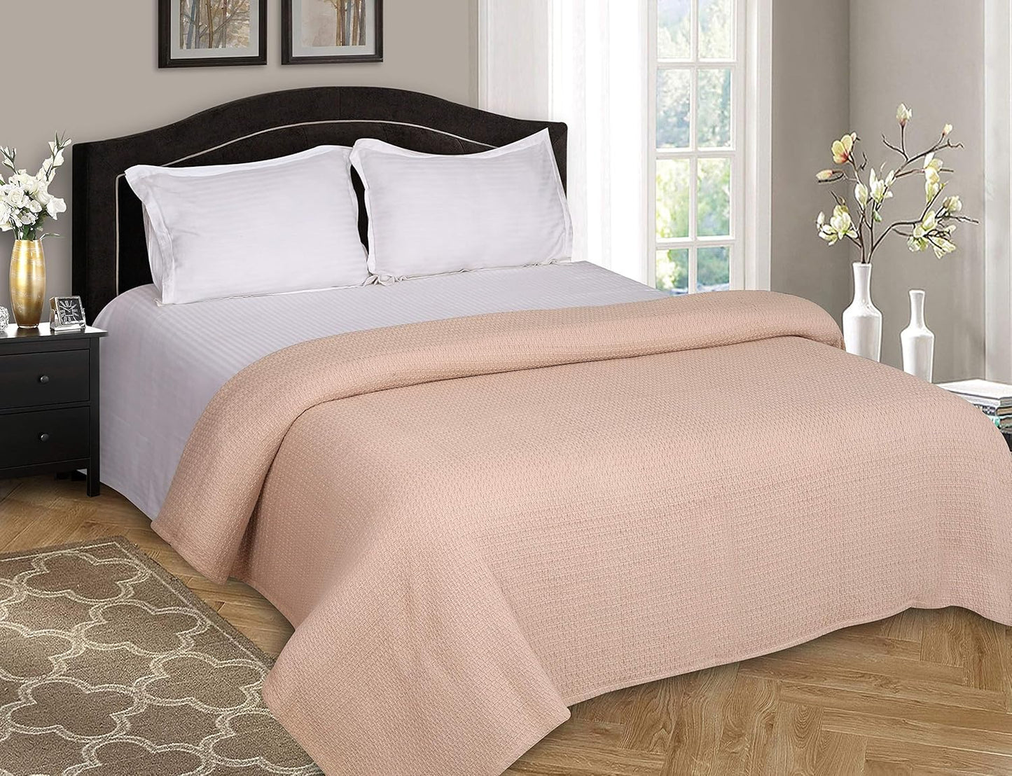 Elvana Home 100% Cotton Bed Blanket, Breathable Bed Blanket Full - Queen Size, Cotton Thermal Blankets Full - Queen, Perfect for Layering Any Bed for All Season, Beige