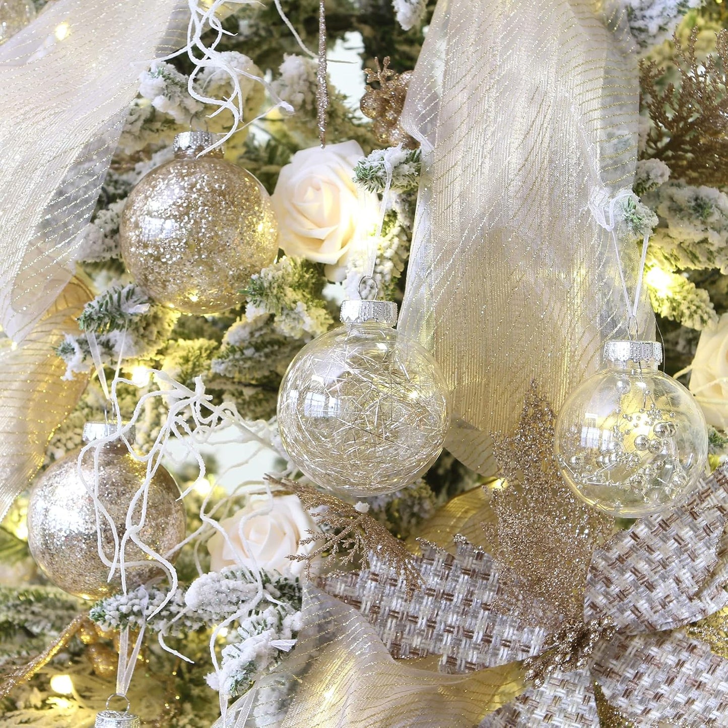 Sea Team Multi-Size Shatterproof Clear Plastic Christmas Tree Ball Ornaments Set, Decorative Hanging Transparent Xmas Baubles with Stuffed Delicate Decorations (48 Counts, Champagne)