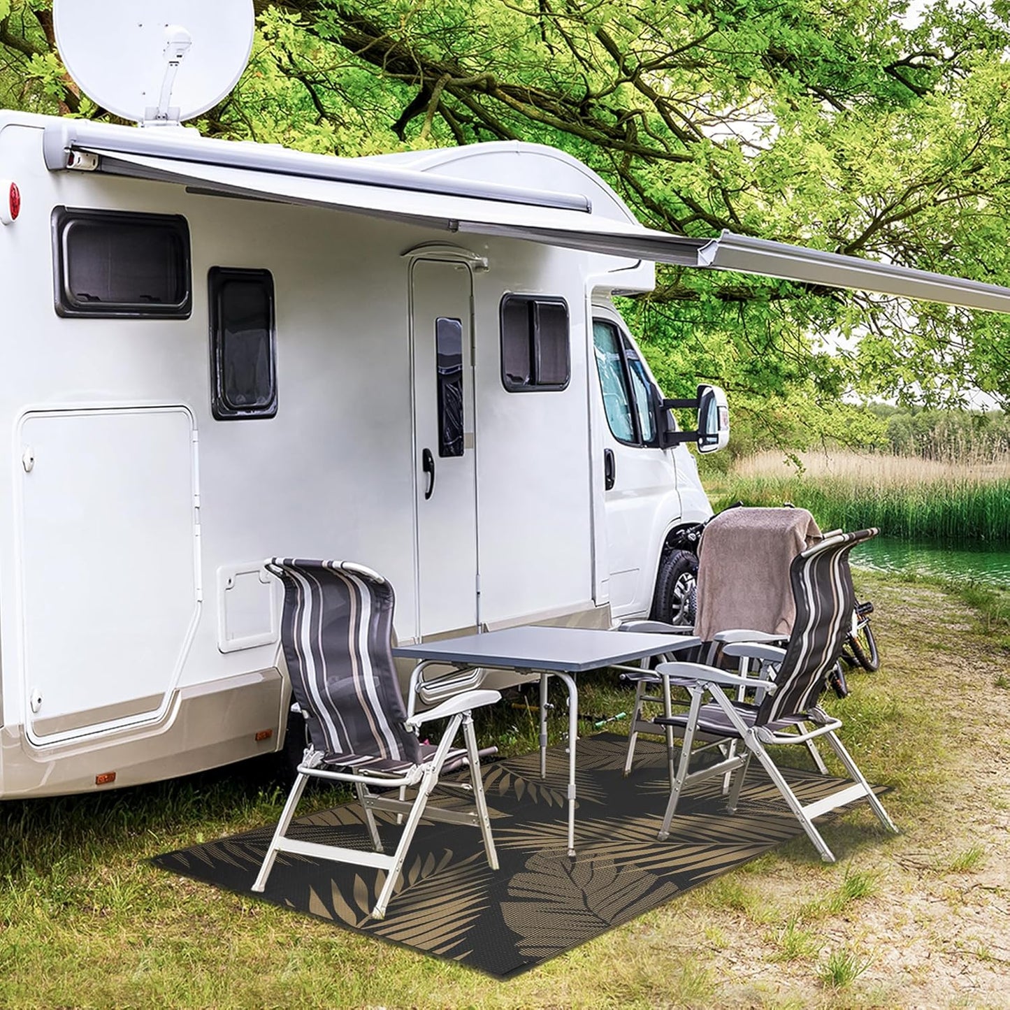 GENIMO Outdoor Rug 3' x 5' Waterproof for Patios Clearance, Reversible Outdoor Plastic Straw Camping Rug Carpet, Large Area Rugs Mats for RV, Camper, Deck, Balcony, Porch, Beach, Picnic, Black&Brown