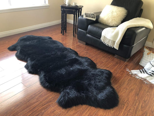 LAMBZY Faux Sheepskin Hypoallergenic Free Shape Silky Shag Rug, Luxury Shaggy Silky Plush Carpet for Bedrooms Rugs Living Room Kids Rooms Sofa Floor Rugs (Double 2'x6', 60x180cm Black)