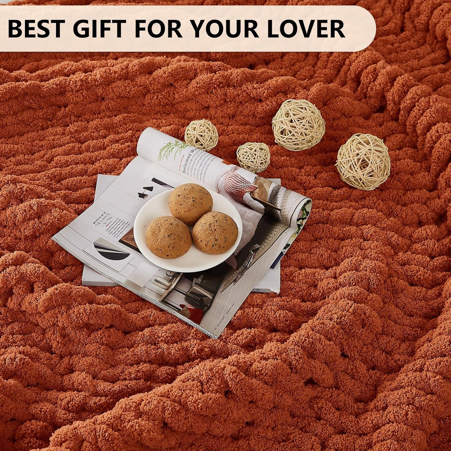 L'AGRATY Chunky Knit Blanket Throw: 60''x80'' Chenille Chunky Knitted Throw Blanket for Bed Couch - Handmade Thick Big Cable Knit Blanket - Large Crochet Rope Blanket for Home Decor(Rusty Orange)