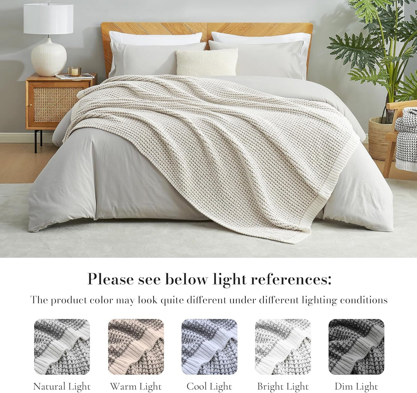 Amélie Home Chenille Waffle Throw Blanket for Couch, Reversible Pineapple Stitch Knit Soft Cozy Knit Blanket Lightweight Warm Decorative Throw for Sofa, Bed, Living Room, 60"x80", Beige&Ivory