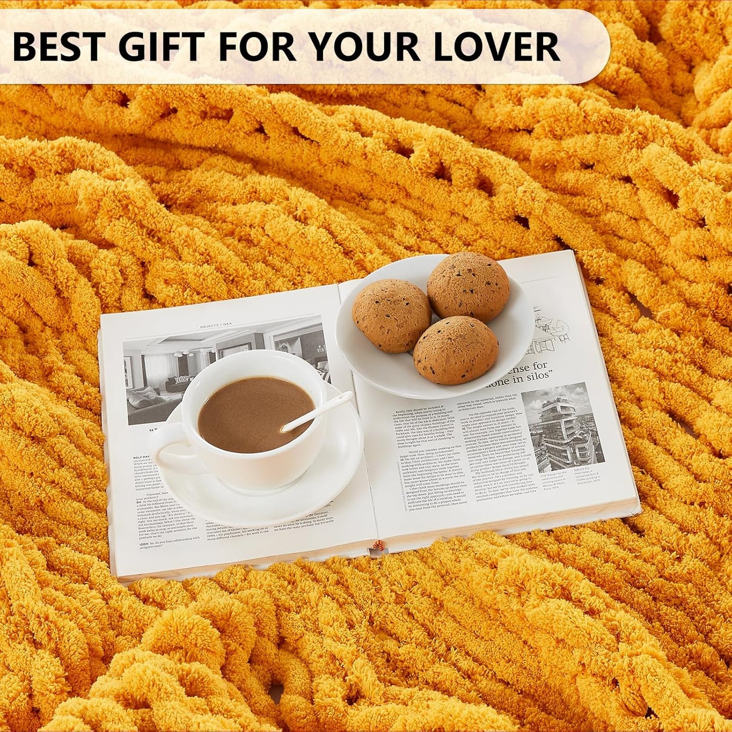 L'AGRATY Chunky Knit Blanket Throw - Soft Throw Blanket 50x60: 100% Hand Knitted Chenile Crochet Throw for Home Decor - Mustard Yellow