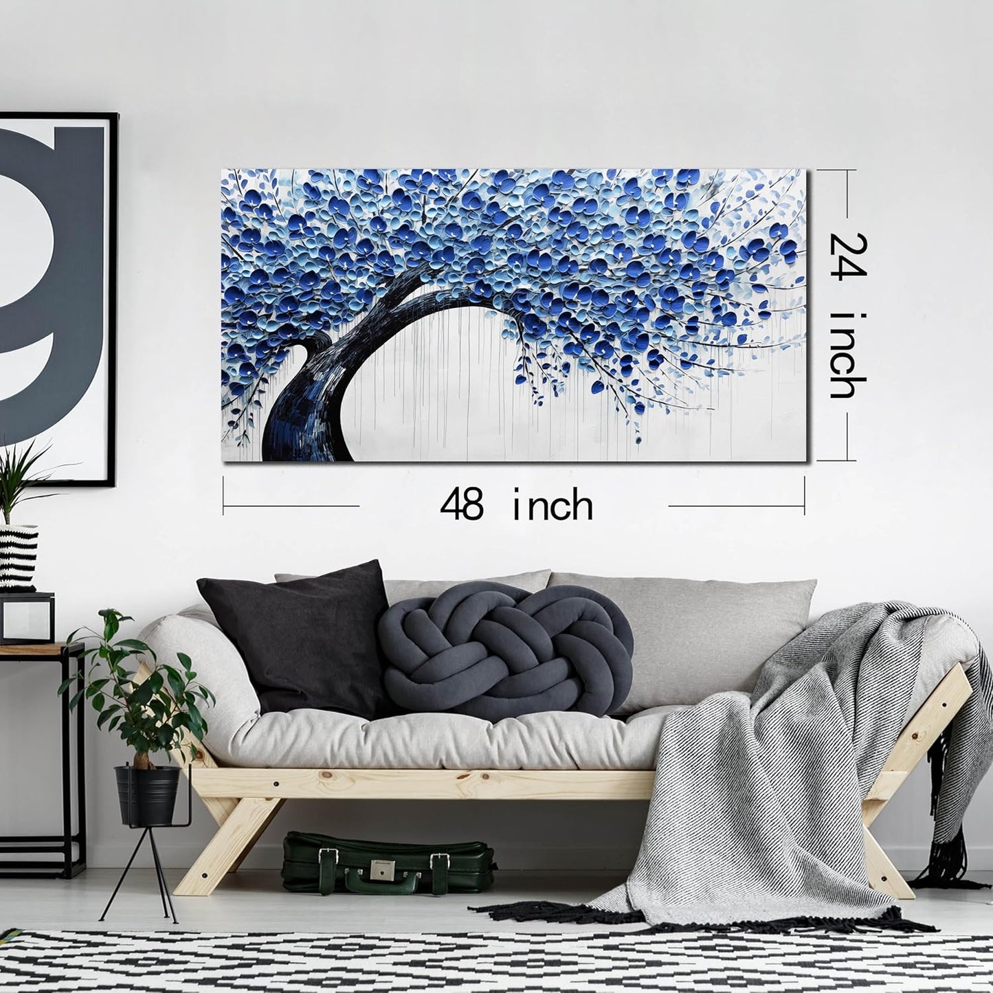 Large Wall Art for Living Room Bedroom Home Office Blue Tree of Life Wall Art Floral Picture Framed Wall Decor Modern Canvas Prints 24x48 In