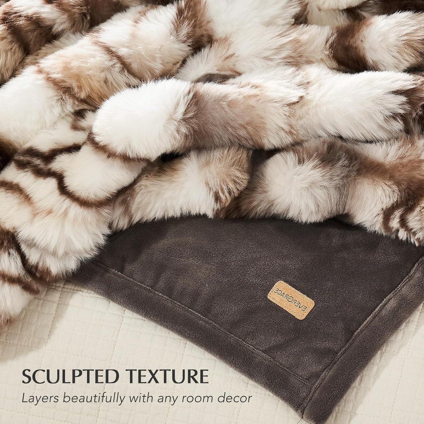EVERGRACE Ultra Soft Luxury Fluffy Ridgeline Faux Rabbit Fur Throw Blanket, Thick Warm Bubble Throw for Bed, Cozy Plush Reversible Blankets for Couch, Chair, Sofa, Beige & Gray, 50x60 Inches, 870 GSM