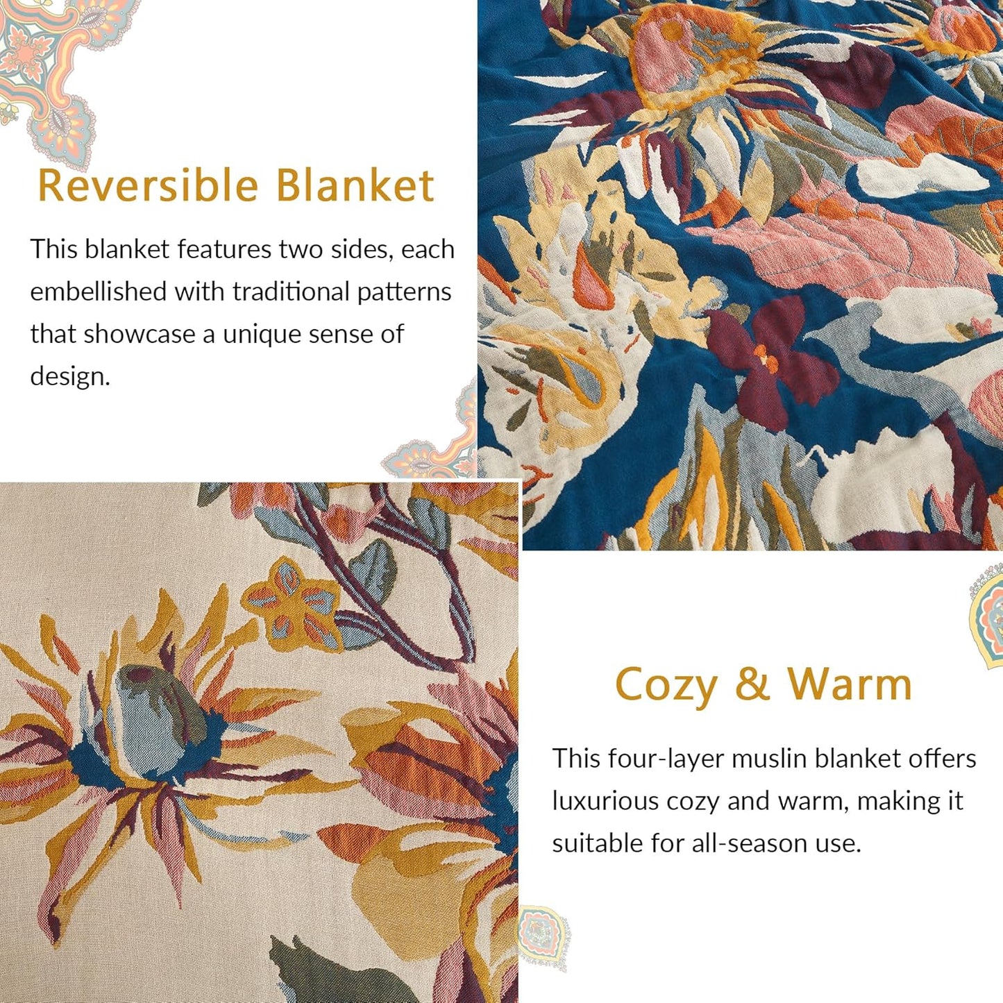 Boho Throw Blanket for Couch Sofa Bed, 100% Cotton Woven Quilt with Tassel 60”x80”, Super Soft Muslin Blanket with Floral Printed, Decorative Reversible Bed Blanket/Cover for All Seasons