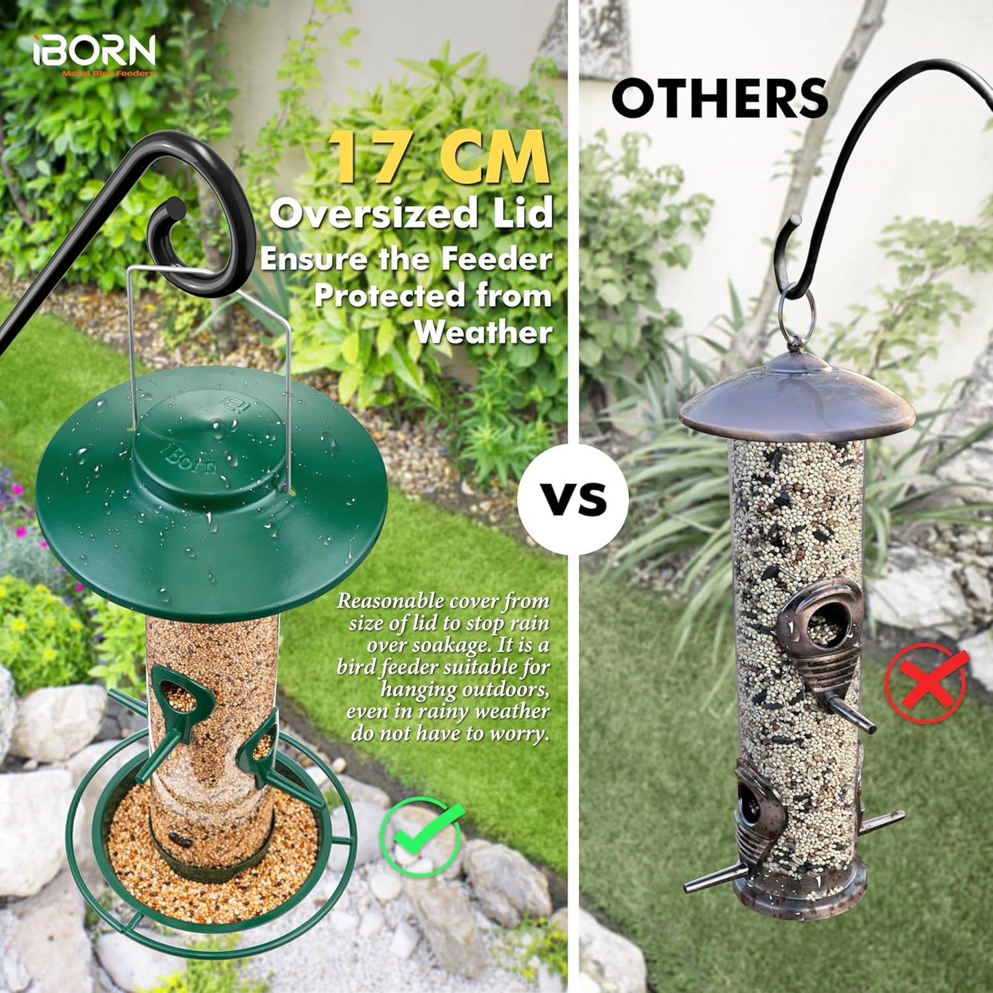 iBorn Bird Feeders for Outdoors, 2LB Metal Bird Feeders 17cm Large Roof &Tray, 4 Feeding Ports, Green Finish