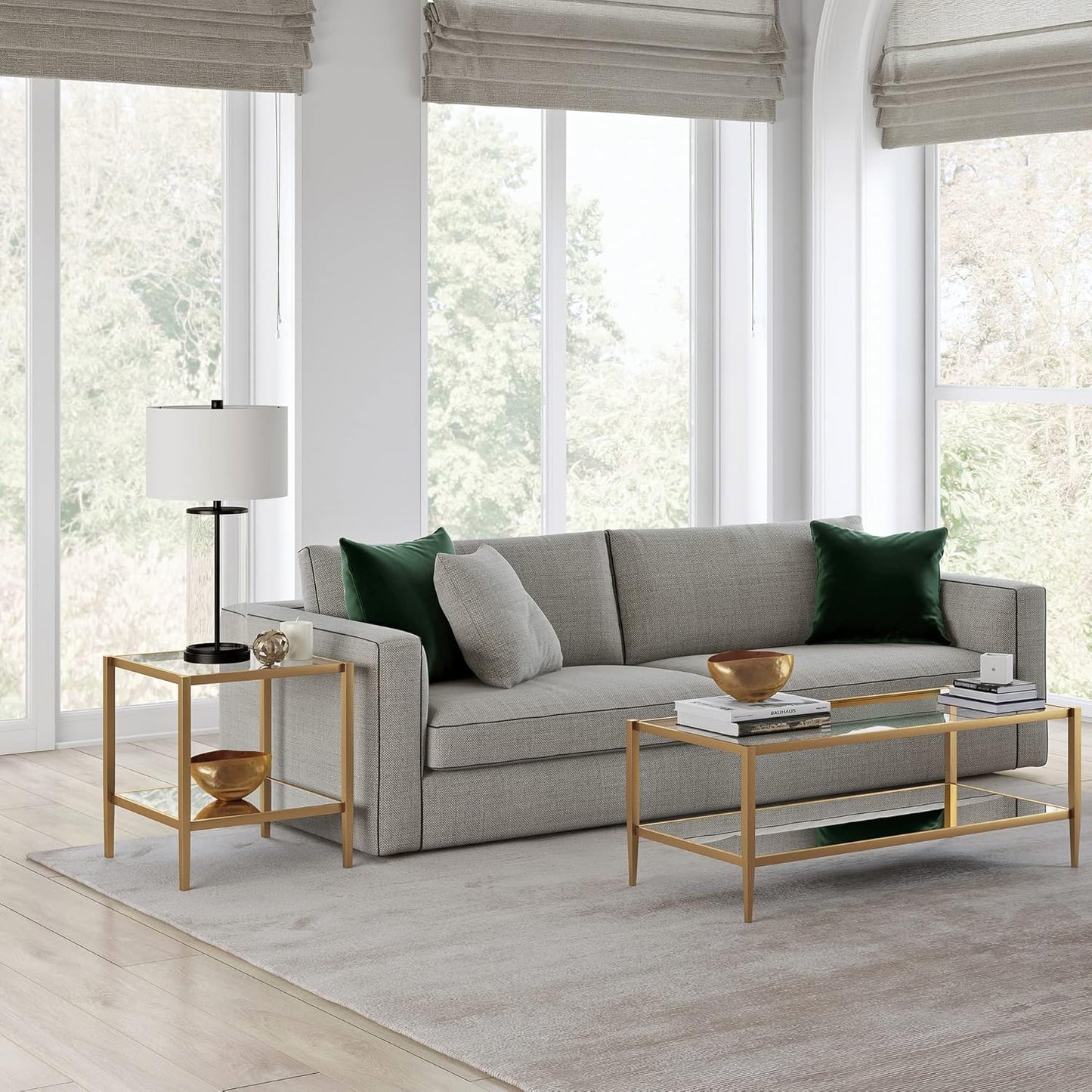 Henn&Hart 20" Wide Square Side Table with Mirror Shelf in Brass, Table for Living Room, Bedroom