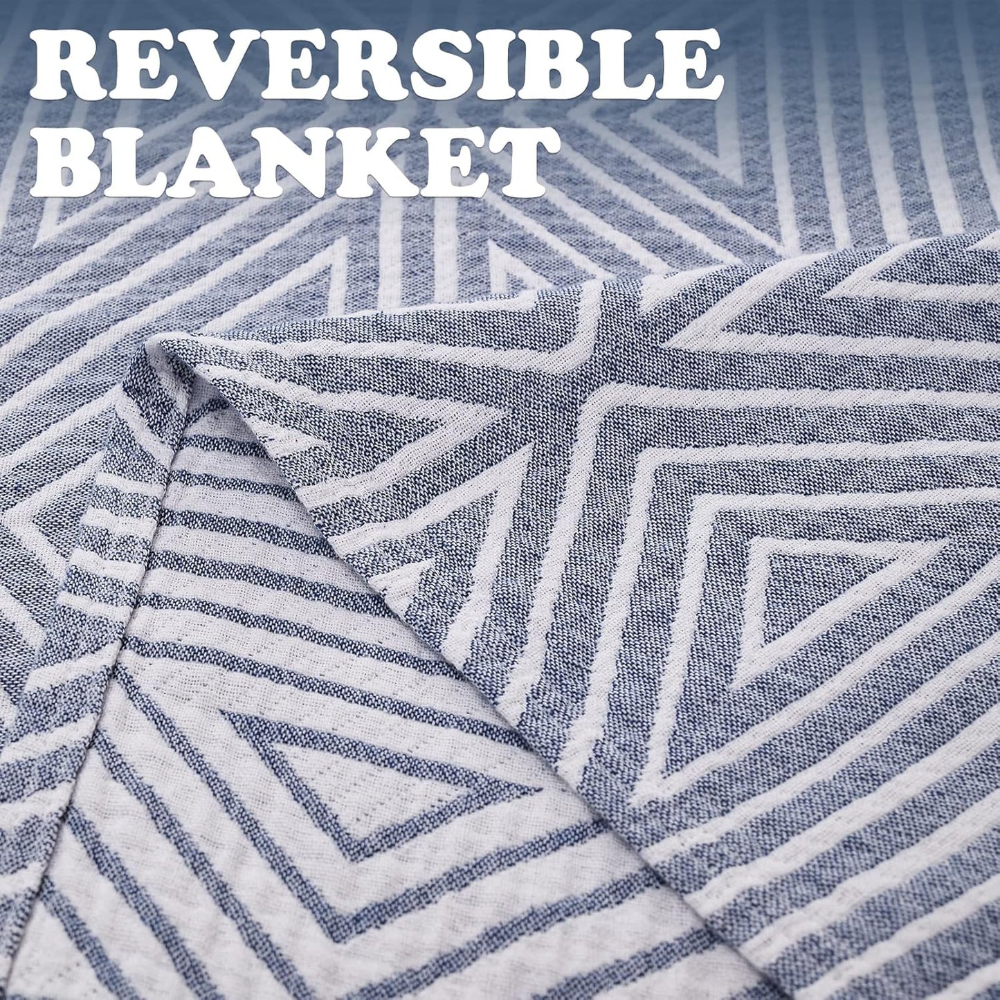 JINCHAN Boho 100% Cotton Blanket Muslin Twin Size 60x80 Inches Lightweight 3-Layer Geometric Triangle Striped Pattern Reversible Quilt Throw Soft Breathable Comfy All Seasons for Couch Bed Decor, Blue