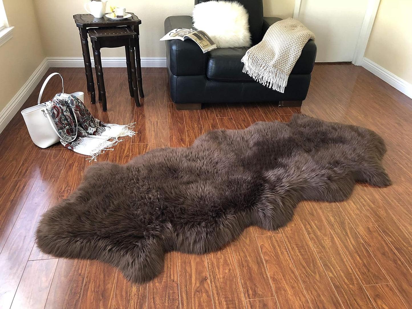 LAMBZY Faux Sheepskin Soft Hypoallergenic Free Shape Silky Shag Rug, Luxury Shaggy Silky Plush Carpet for Bedrooms Rugs Living Room Kids Rooms Sofa Floor Rugs (Double 2'x6', 60x180cm Brown)