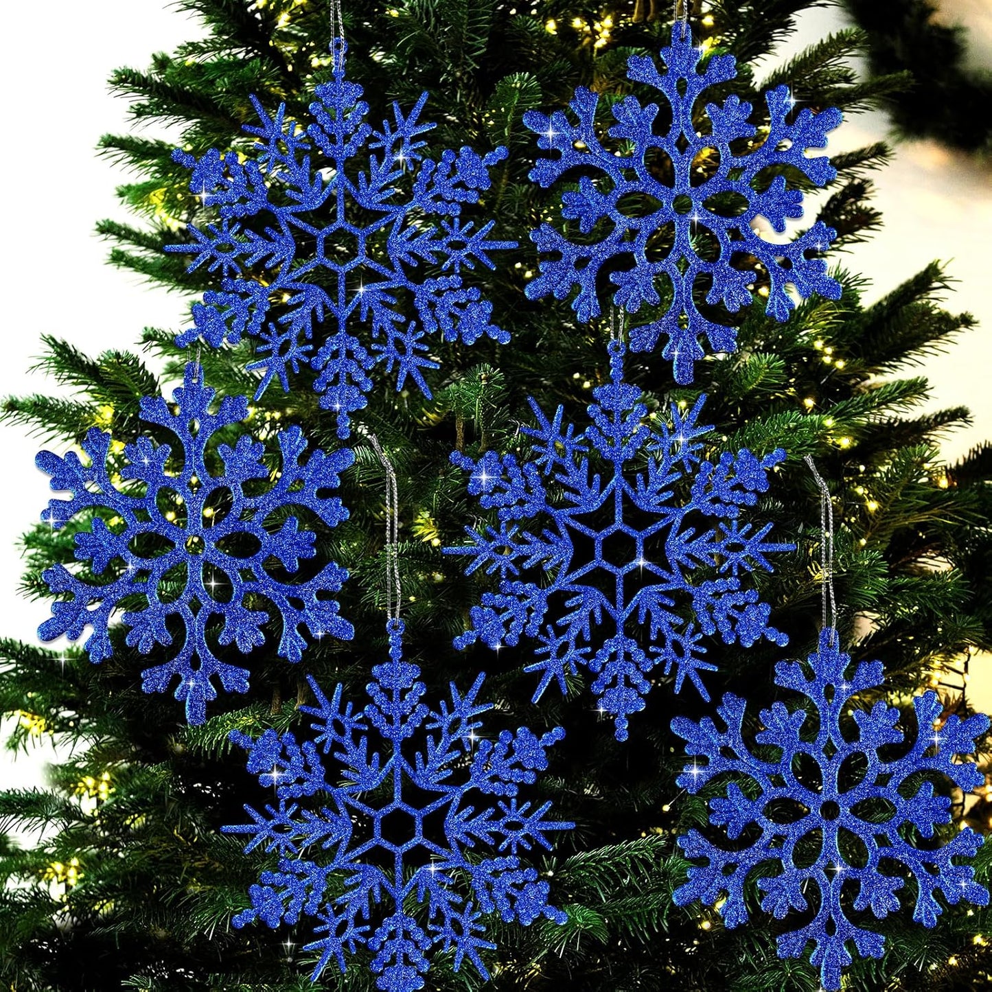 6pcs Large Navy Blue Snowflakes Ornaments 12" Big Plastic Glitter Snowflake for Winter Indoor Outdoor Christmas Tree Window Room Decorations Giant Craft Snowflakes
