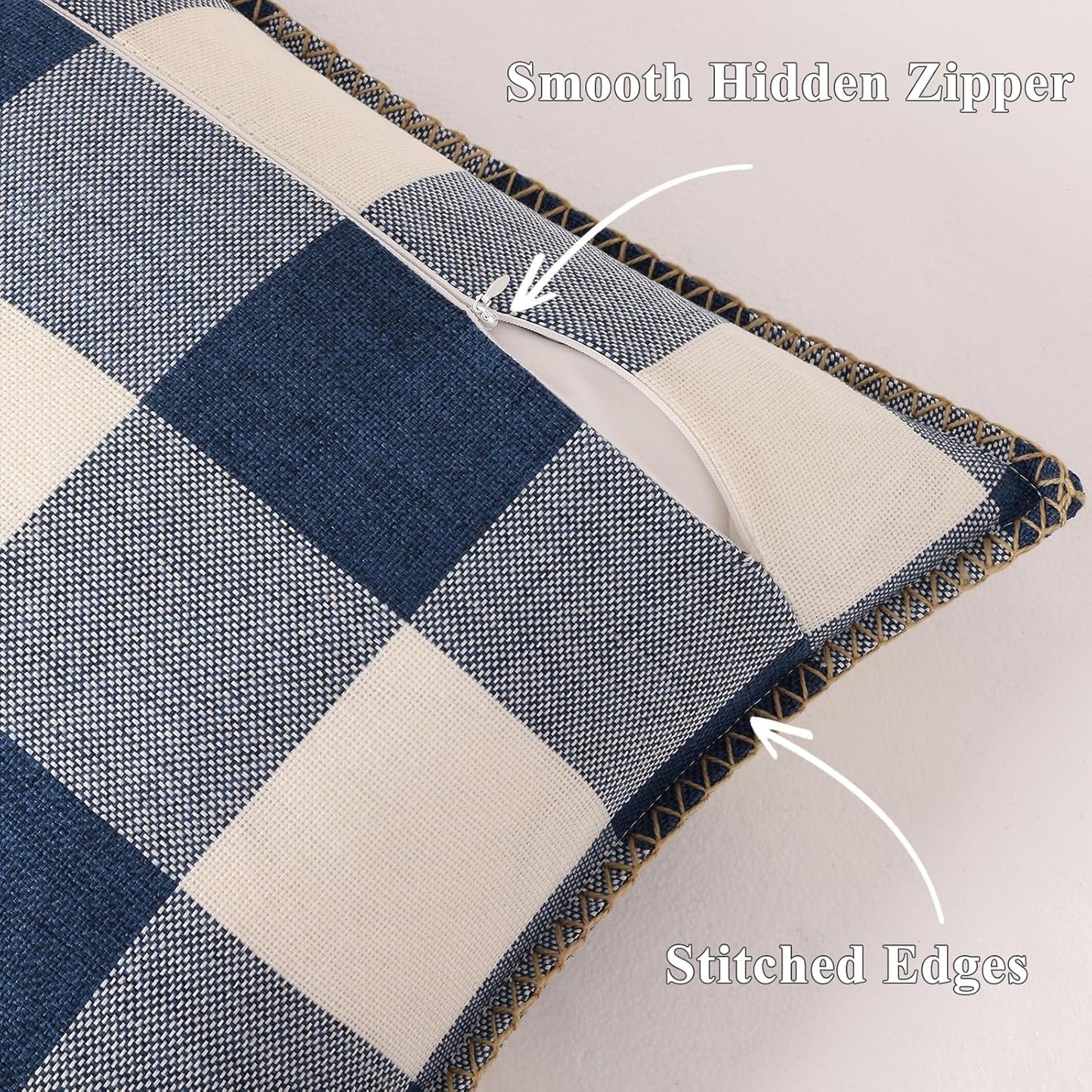 decorUhome Buffalo Plaid Check Throw Pillow Covers 20x20 Set of 2, Outdoor Decorative Farmhouse Neutral Pillow Covers with Stitched Edge for Bed Couch Sofa, Navy Blue and White