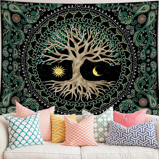 FORATER Tree of Life Wall Hanging - Aesthetic Sun and Moon Tapestry with Vintage Paisley Flowers (53 x 61 inches, Multicolor) for Bedroom, Living Room, Dorm
