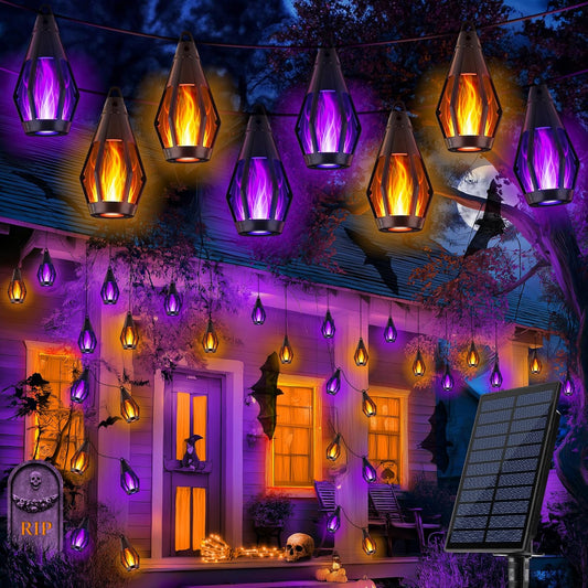 iBaycon Solar Halloween Lights, 27Ft 10 LED Bulbs Flickering Flame String Light, Outdoor Waterproof Solar Flame Lights for Garden Yard Patio Halloween Decorations (Warm White + Purple)