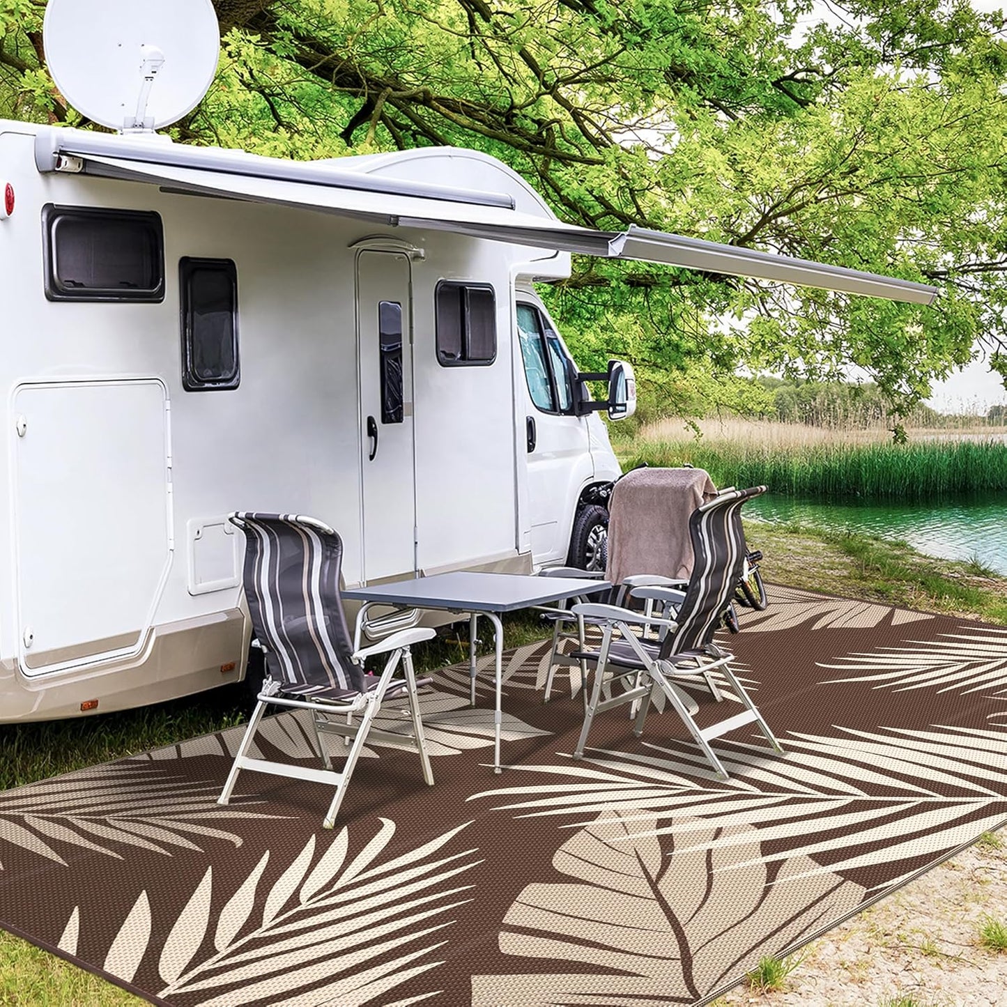 GENIMO Outdoor Rug 10' x 14' Waterproof for Patios Clearance, Reversible Outdoor Plastic Straw Camping Rug Carpet, Large Area Rugs Mats for RV, Camper, Deck, Balcony, Porch, Beach, Coffee&Beige