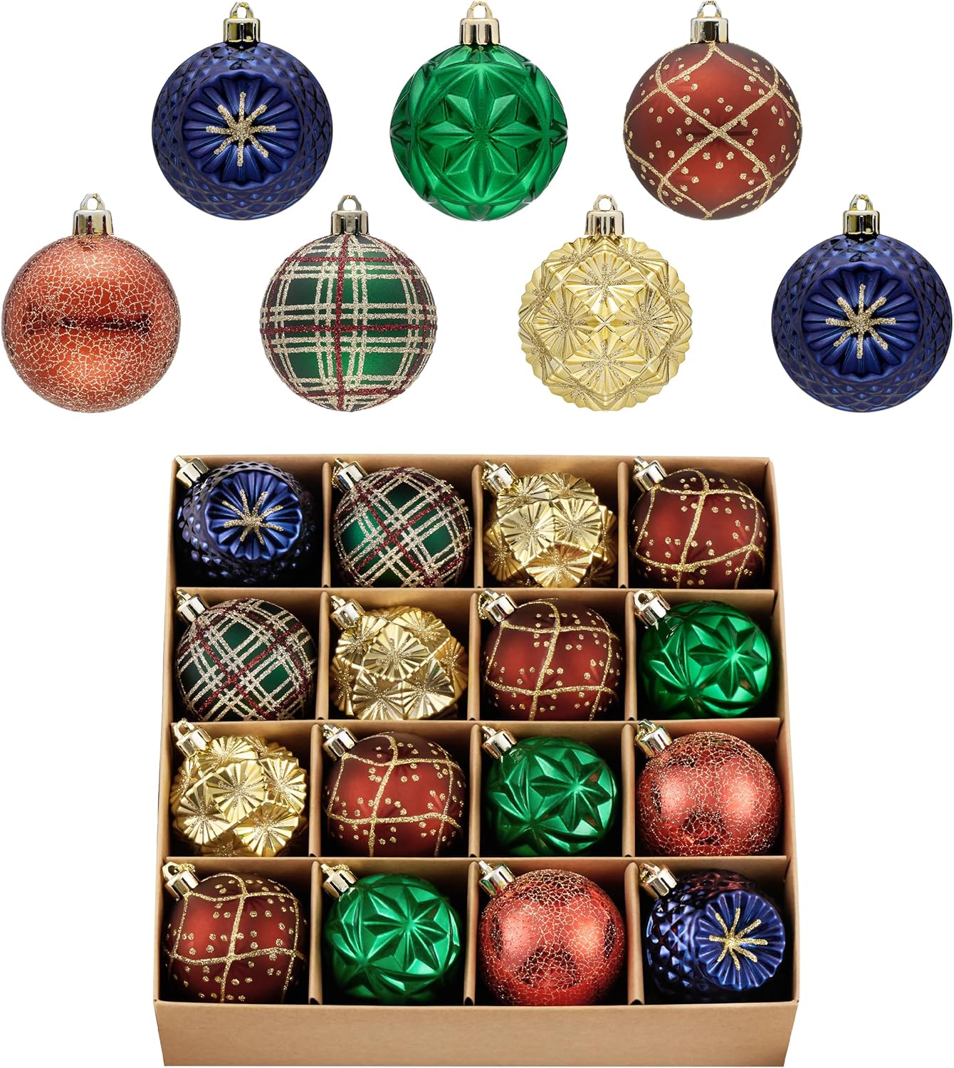 Valery Madelyn Ornaments for Christmas Trees, 16ct 2.36 Inches Red Green and Gold Shatterproof Christmas Tree Decorations, Luxury Hanging Ball Ornaments for Xmas Holiday Party Decor