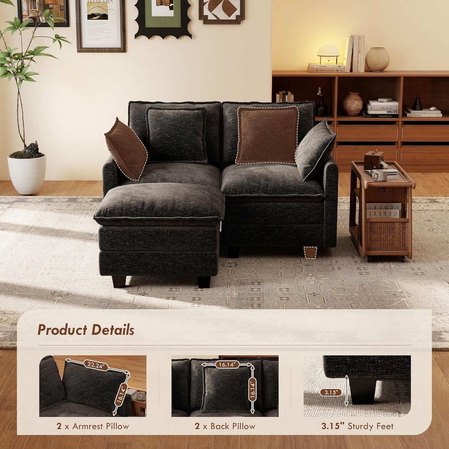 Ihanherry 57" L Shaped Modular Sectional Cloud Sofa, Modern 3 Seat Chenille Couch with Ottoman for Living Room, Bedroom and Apartment, Black