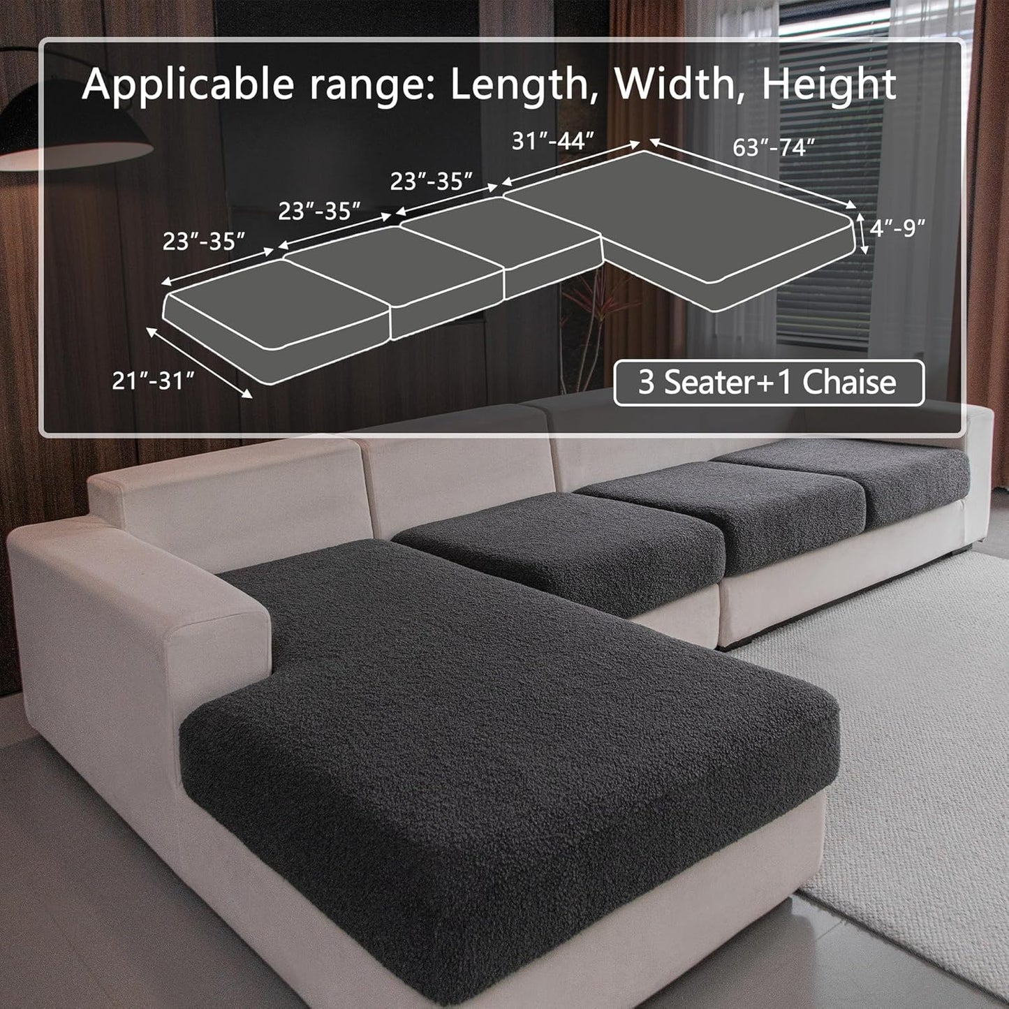 Couch Cushion Covers for Sectional Sofa, Stretch Soft Sofa Slipcovers Washable Wear-Resistant Universal Furniture Protector for Living Room(3 Seaters Covers+1 Chaise Cover, Dark Gray)