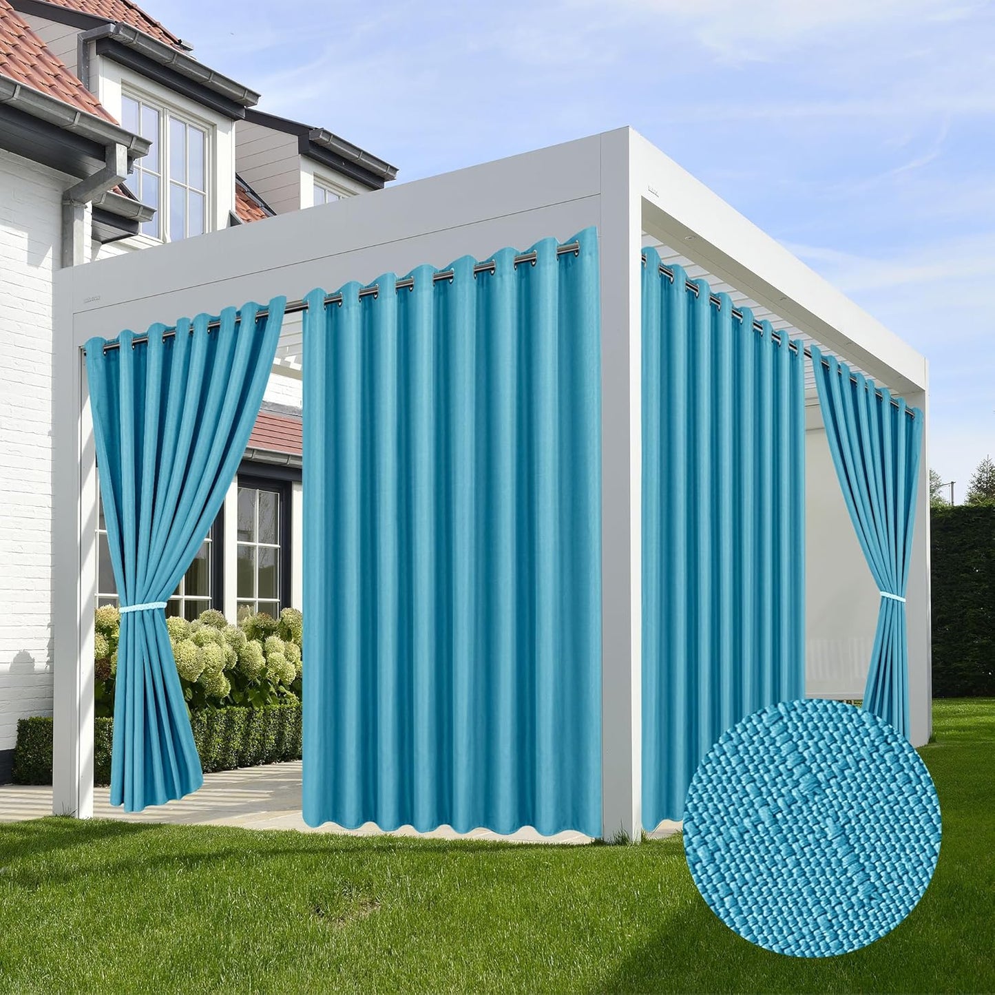 HolidayIdeas 4 Panels Linen Outdoor Curtains for Patio Waterproof Teal Gazebo Privacy Curtains 110" Wide x 95" Long-Indoor/Outdoor Wide Curtains Weatherproof for Pergola, Porch, Backyard, Deck