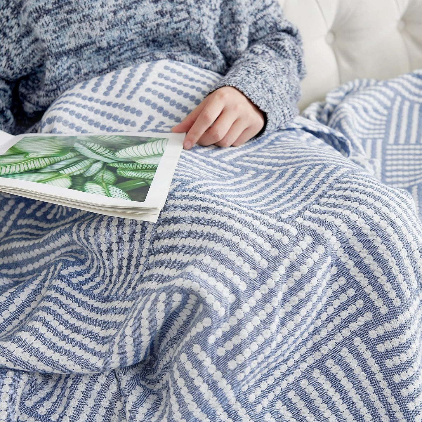 jinchan Boho 100% Cotton Blanket Muslin 50x60 Inches Lightweight 3-Layer Geometric Square Striped Pattern Reversible Quilt Throw Soft Breathable Comfy All Seasons for Couch Bed Decor, Blue