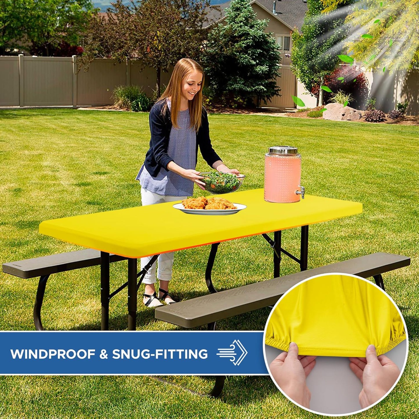 Fitted Tablecloth for 6 Foot Rectangle Tables-4 Pack Yellow Elastic Outdoor Picnic Table Cover-Spandex Stretch Folding Table Cloths 6 ft for Camping Dining Room Patio Kitchen Banquet Party