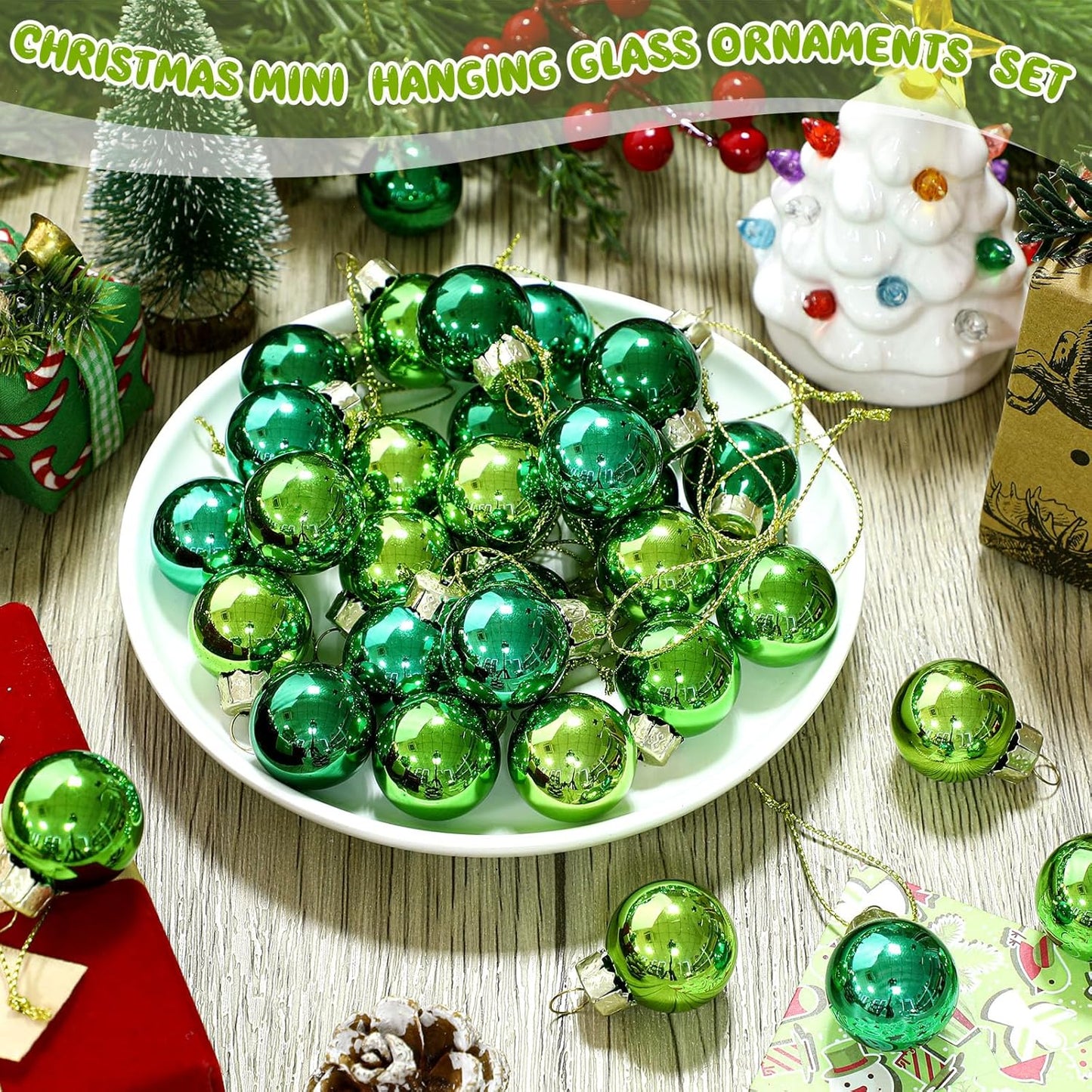 Tioncy 32 Pcs 1 Inch Mini Glass Christmas Ornaments Balls Shiny Christmas Balls Tiny Tree Hanging Decoration Small Colorful Ball Pendant for Xmas Party Supplies(Green Series)