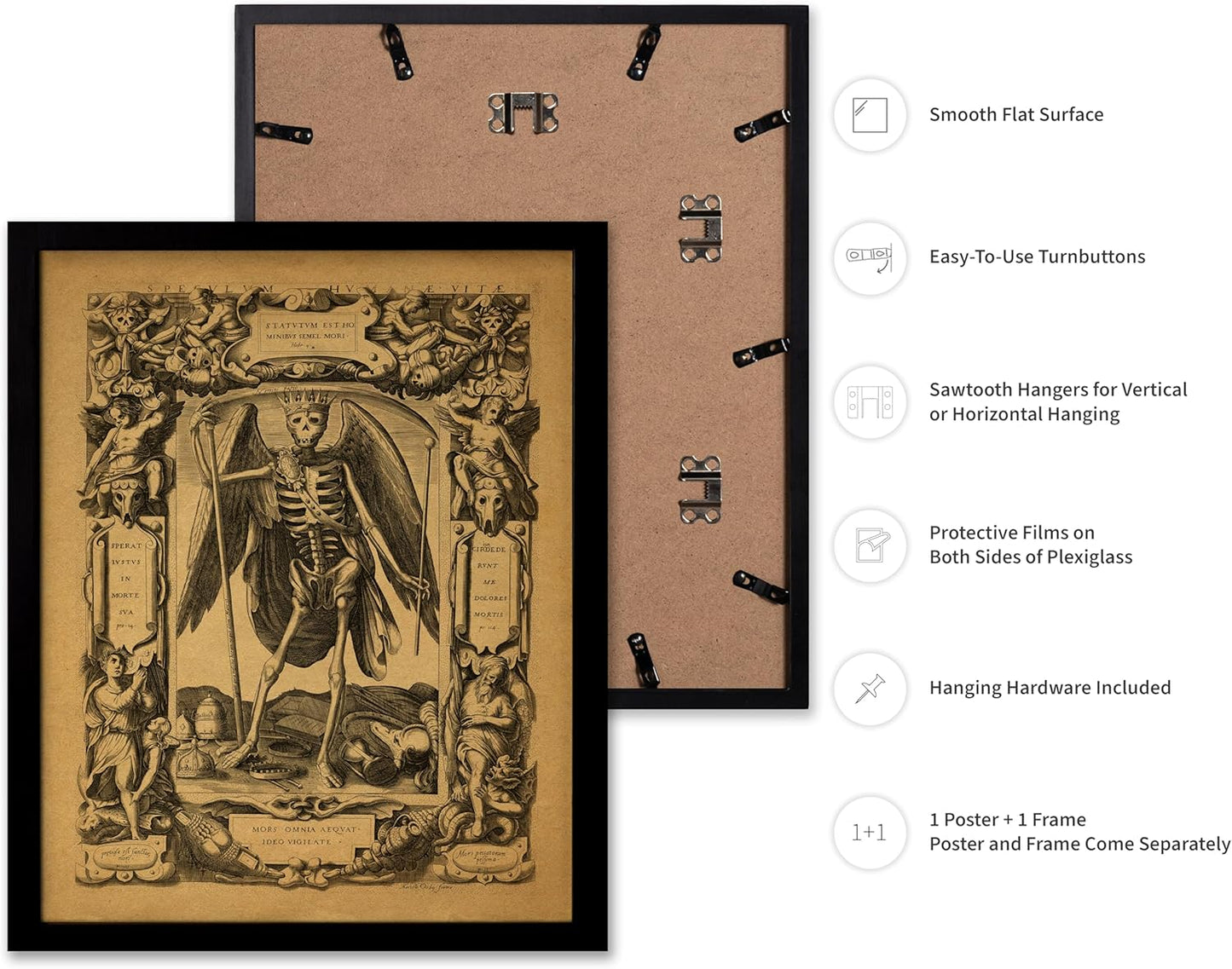 Poster Master Vintage Medieval Poster - Retro Gothic Print - Gift for Artist, Friend - Angel of Death, Memento Mori, Life, Skeleton, Dark - Wall Decor for Home, Living Room, 11x14 Black Framed