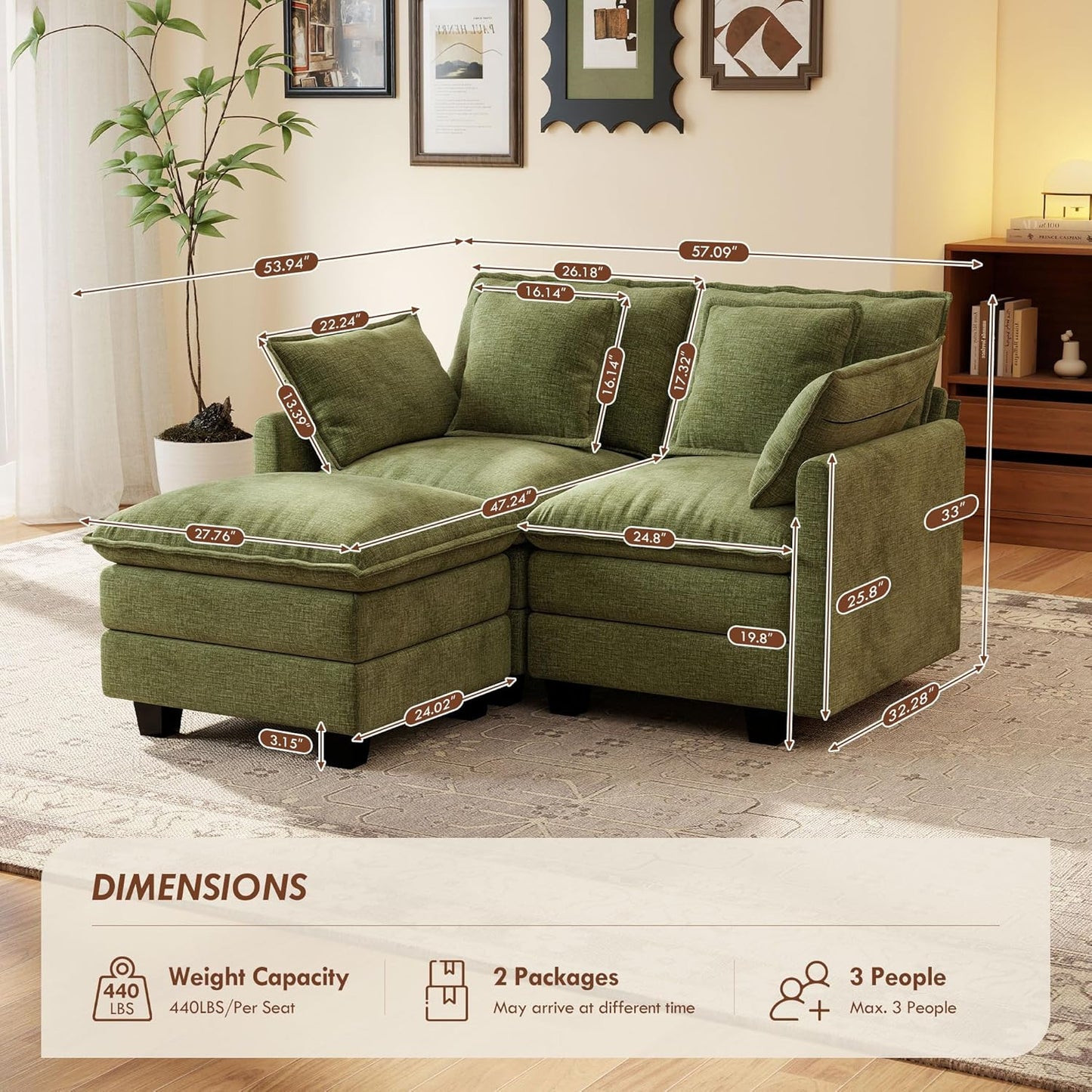 Ihanherry 57" L Shaped Modular Sectional Cloud Sofa, Modern 3 Seat Chenille Couch with Ottoman for Living Room, Bedroom and Apartment, Green