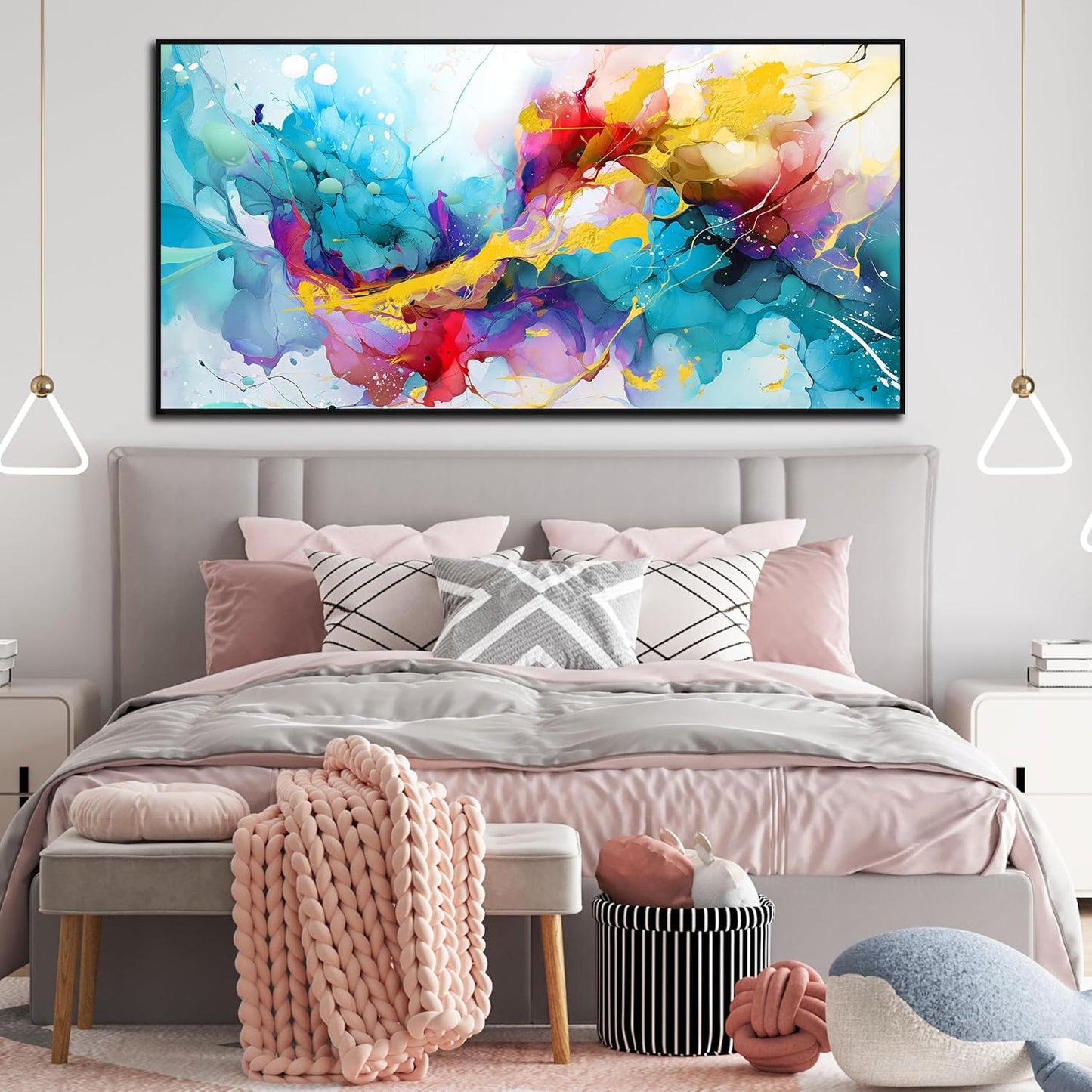 Colorful Wall Art for Living Room Large Size - Abstract Art Wall Decor - Framed Canvas Wall Art Ready to Hang Size 29" x 59"