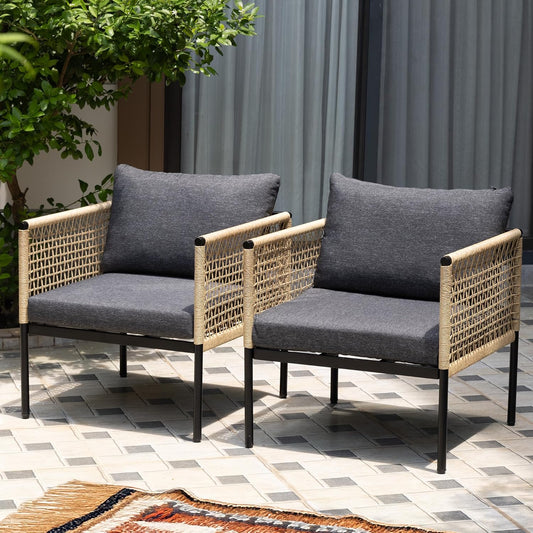 Idzo Oscar Wicker Outdoor Lounge Chair Set of 2, Sturdy Metal Frame, Weather-Resistant Rope Weave, Plush Olefin Cushions, Modern Patio Chairs for Backyard, Balcony, or Poolside