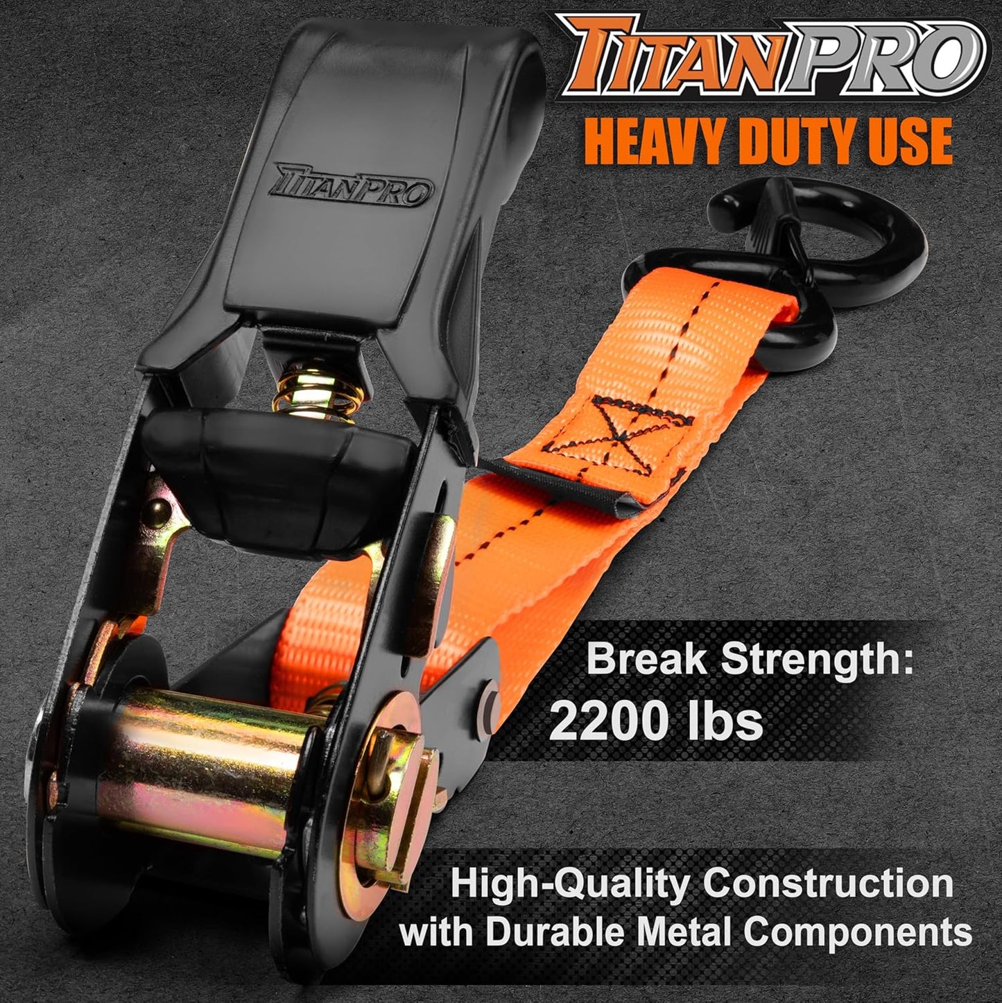 TitanPro Heavy Duty Ratchet Straps 4-Pack - 2,200lb Break Strength, 1" x 15' Rachet Tie Downs with Padded Handles - Heavy Duty, Truck, Motorcycle, Moving Straps (Orange)