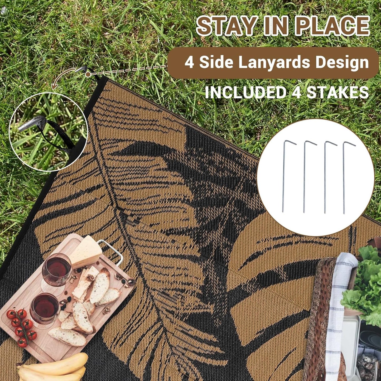 GAOMON Outdoor Patio Rug 9x18 Waterproof Outdoor Plastic Straw Rug Reversible Camping Mat, Foldable Portable RV Picnic Carpet with Bag & 4 Stakes, UV Resistant Outside Carpet for Deck Balcony, Brown