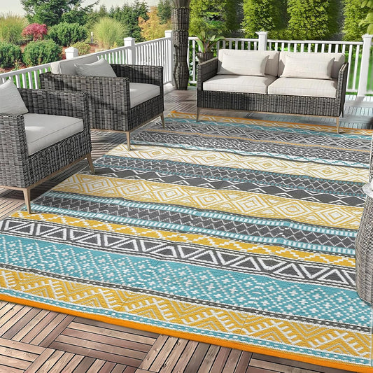 GAOMON Reversible Outdoor Rug 9'x18' Waterproof Plastic Straw Rug, Patio Rug, Large Modern Area Rug Carpet, Indoor Outdoor Rugs for Camping, Porch, Deck, Balcony, Backyard, Teal/Yellow(Bohemia)