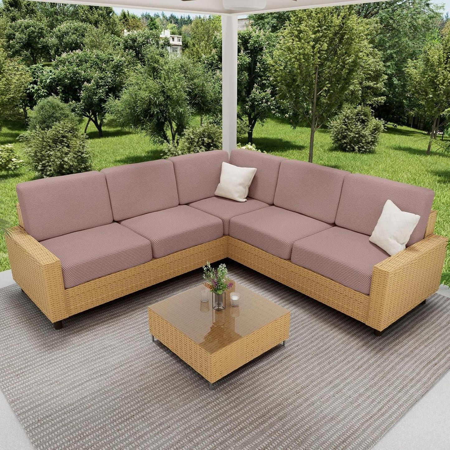 hyha Waterproof Couch Cushion Covers for Pets, Non Slip Sofa Seat Cover for Dogs Washable, Soft Thick Stretch Jacquard Fabric, Sofa Slipcovers with Elastic Bottom (2 Pieces, Camel)