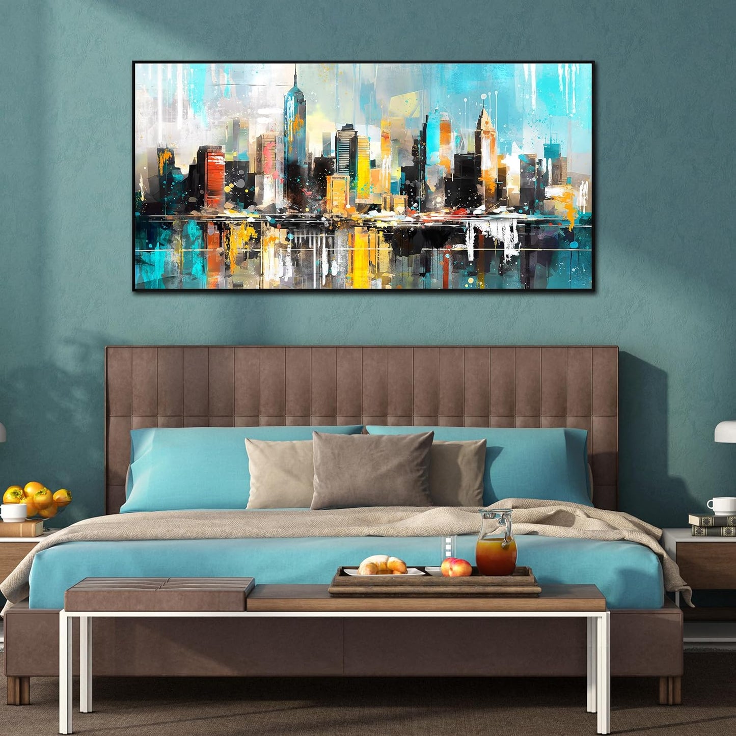 LAOTOART Cityscape Abstract Wall Art for Living Room - Blue Wall Decor - Modern Wall Art Framed Ready to Hang Size 29" x 59"