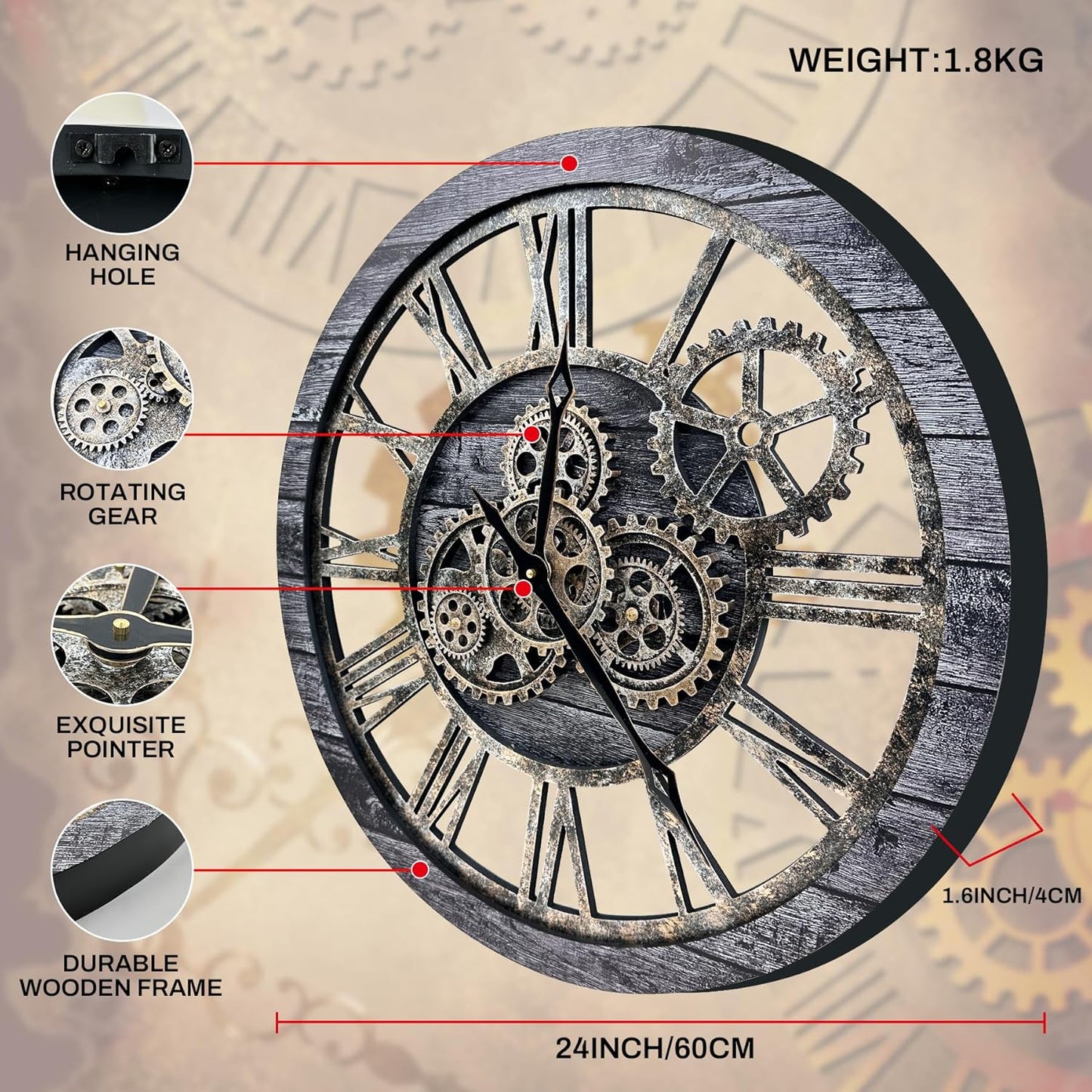 The B-Style Large Wall Clock 24 inch Moving Gear Wall Clock Oversized Vintage Farmhouse Wall Clocks for Living Room Decor Rustic Industrial Wood Clock (Carbon Gray, 36 inch/90cm)