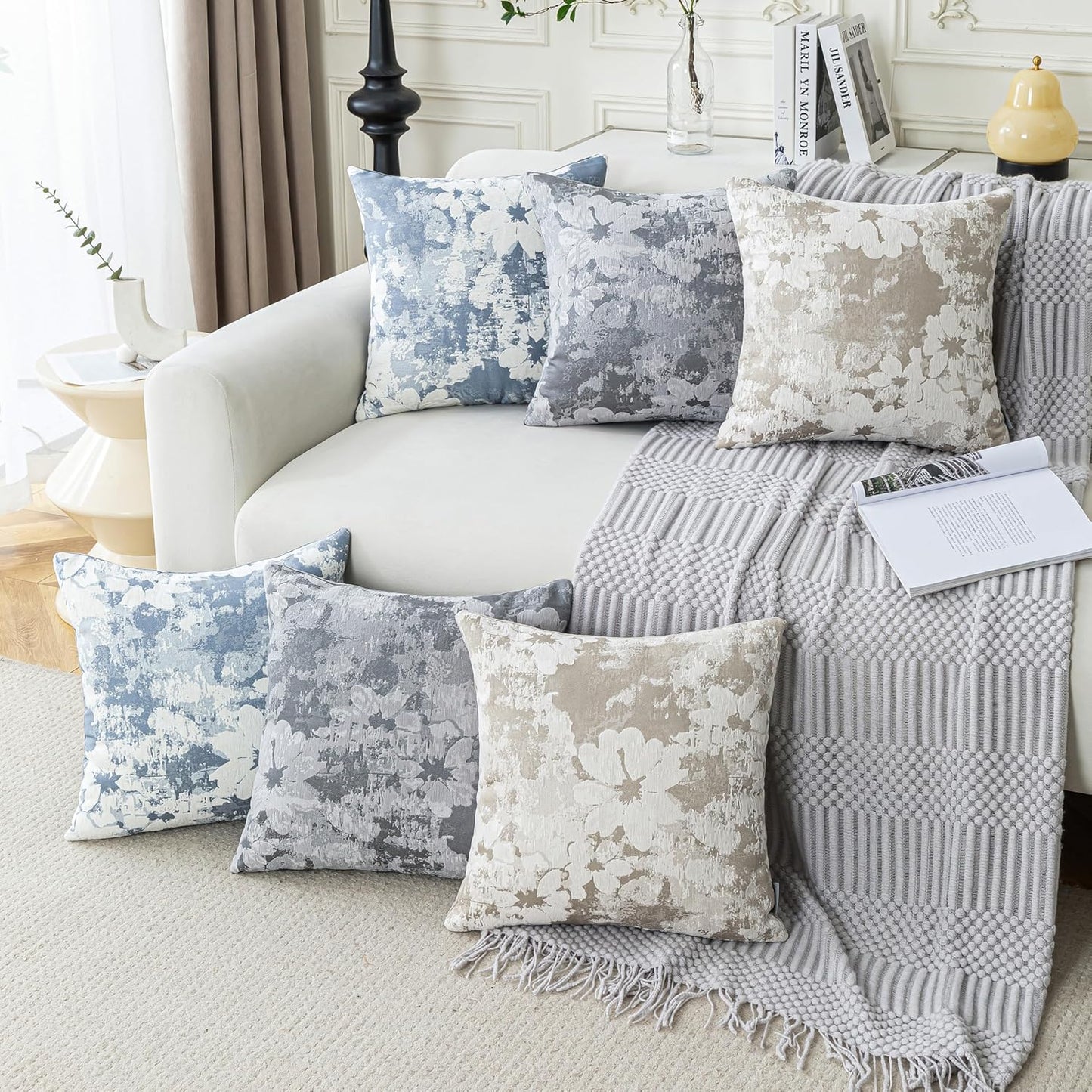 Jacquard Throw Pillow Covers 18x18 Inch Set of 2 - Vintage Floral Boho Pillow Cases with Botanical Pattern | Farmhouse Decor for Couch | Soft Textured Neutral Trio Light Khaki Warm Beige 18" x 18"