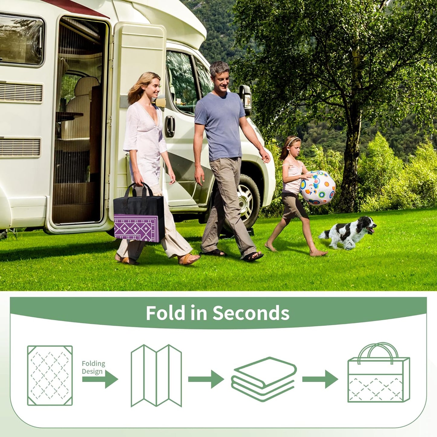 GENIMO Outdoor Rug Waterproof 6'x9' for Patio, Foldable Reversible Plastic Straw Carpet for Travel Trailers, Outside Area Mat for Rv, Deck, Picnic, Porch, Camper, Balcony, Beach, Purple & Grey