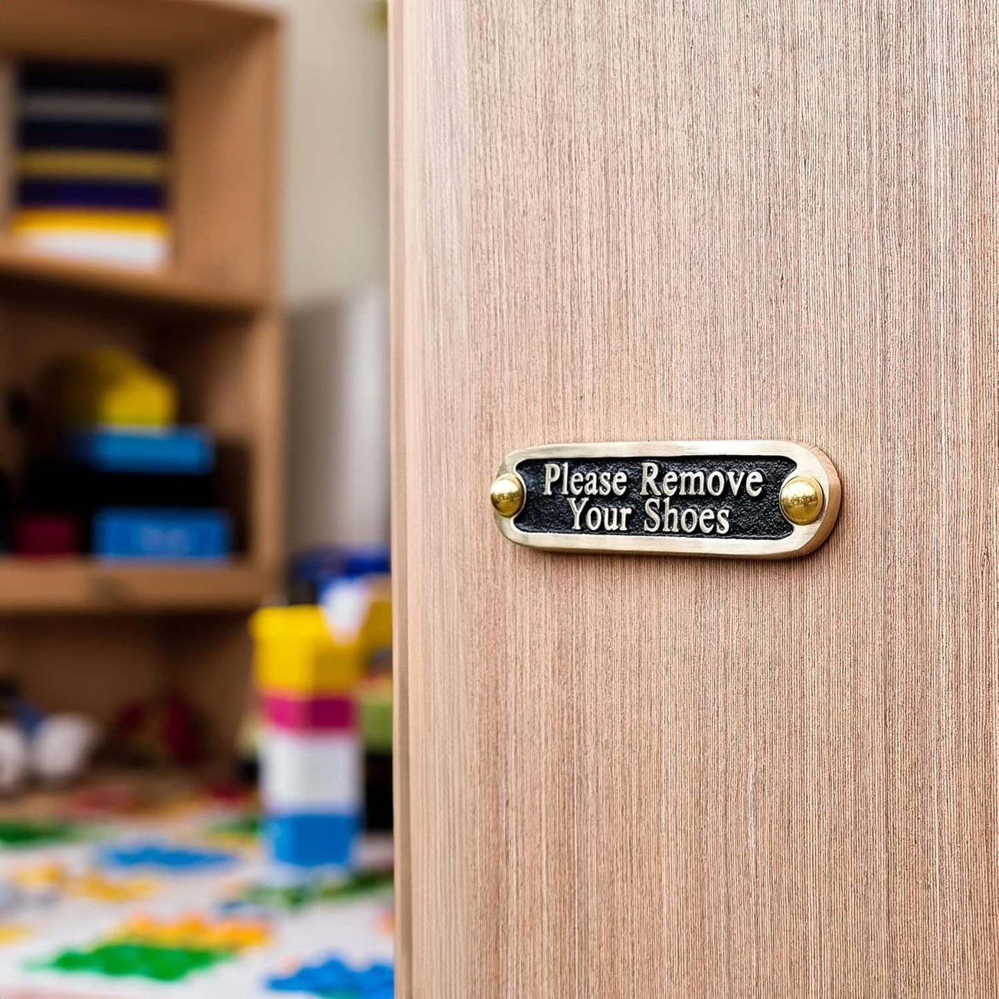 Please Remove Your Shoes Brass Door Sign. Traditional Style Home Décor Wall Plaque Handmade By The Metal Foundry UK.