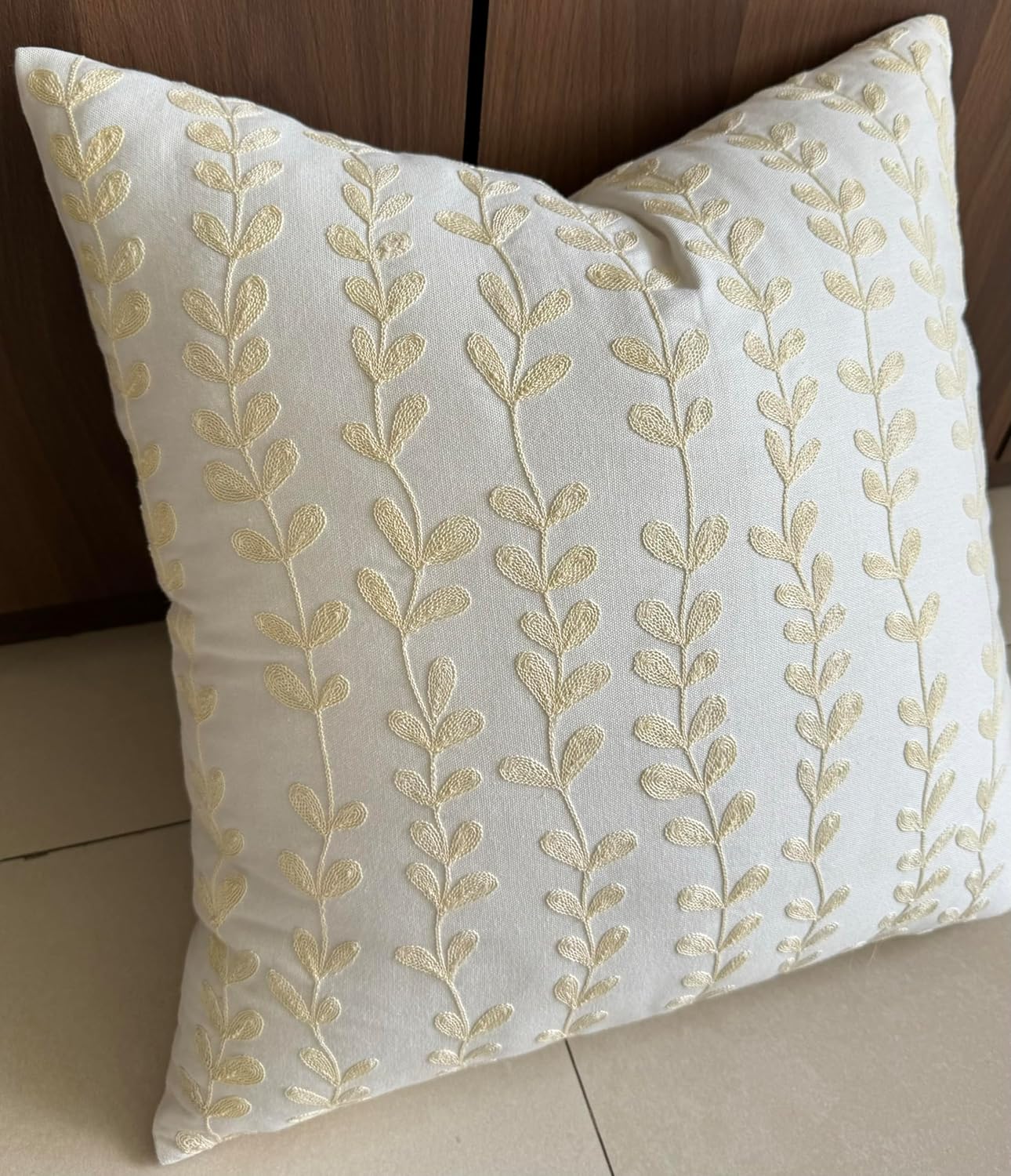 VAGMINE Embroidered Floating Leaves Throw Pillow Cover - 18x18 Inches Square - 100% Cotton Ivory Decorative Cushion Cover - Timeless Nature-Inspired Accent for Sofa, Couch & Modern Decor - Cream