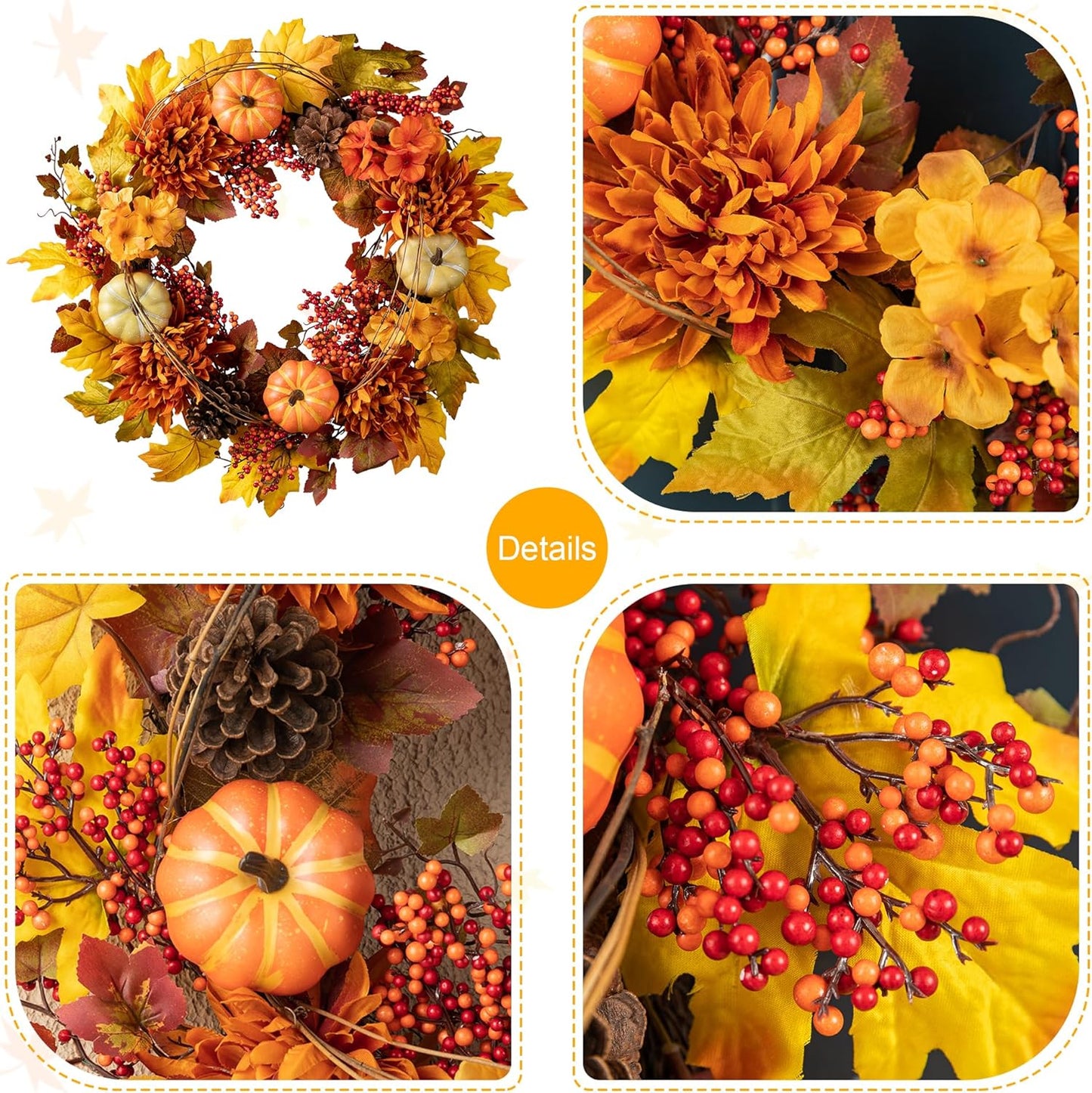 Glitzhome 24 inch Artificial Fall Wreath Decor, Autumn Maple Leaf Wreath for Front Door with Dahlia Pumpkin, Leaf and Berry Wreaths for Autumn Harvest Thanksgiving Halloween Decor