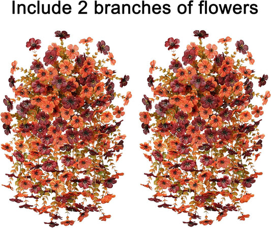 INSPRING Fake Autumn Flowers for Outdoors, 2Pcs Artificial Fall Light Orange & Brown Daisy Outside Decor, Fake Hanging Decoration, Realistic Plants, Silk Flower for Porch Patio Balcony Planter