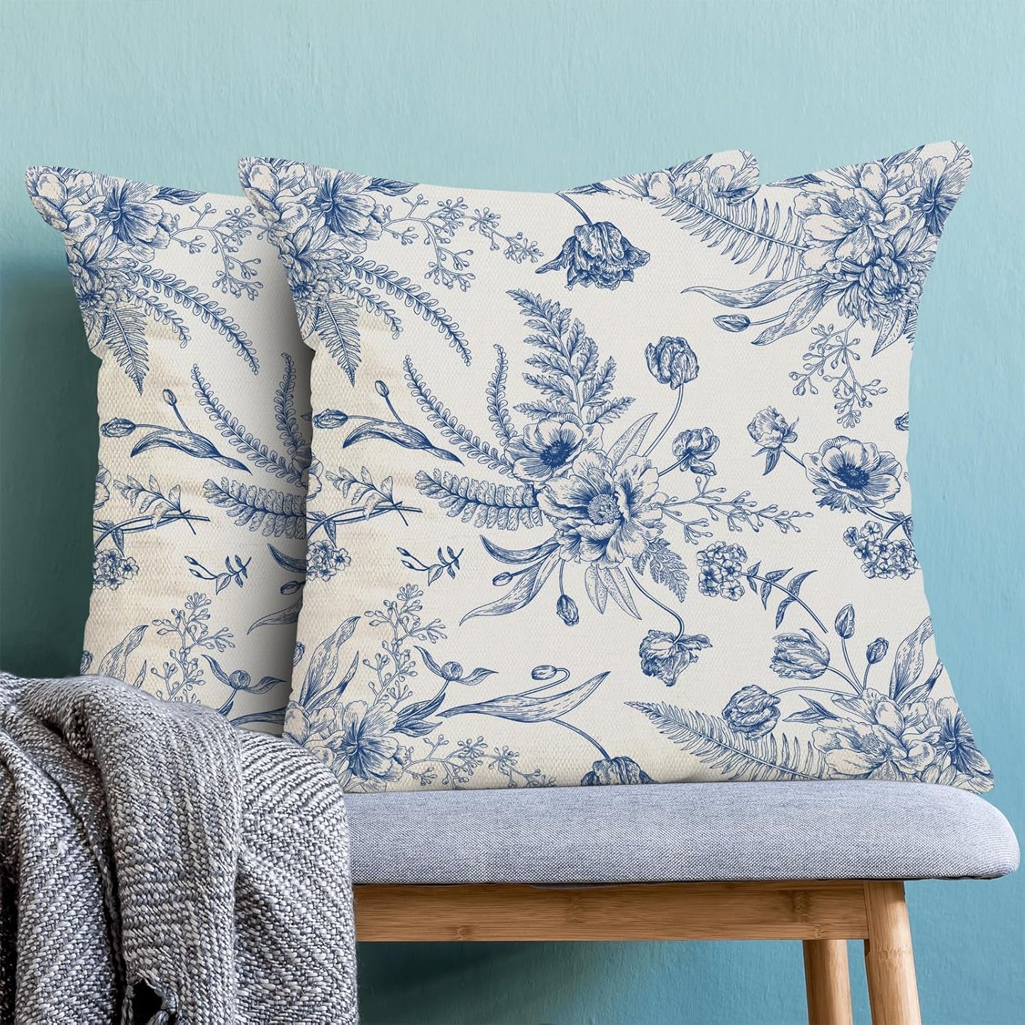 CXMEIFLY Spring Floral Leaves Pillow Covers 16 x 16 Inch Set of 2 for Chinoiserie Flowers Decor Throw Pillows Blue and White Seasonal Plant Outdoor Decorative Cushion Cases for Couch Bed Decorations