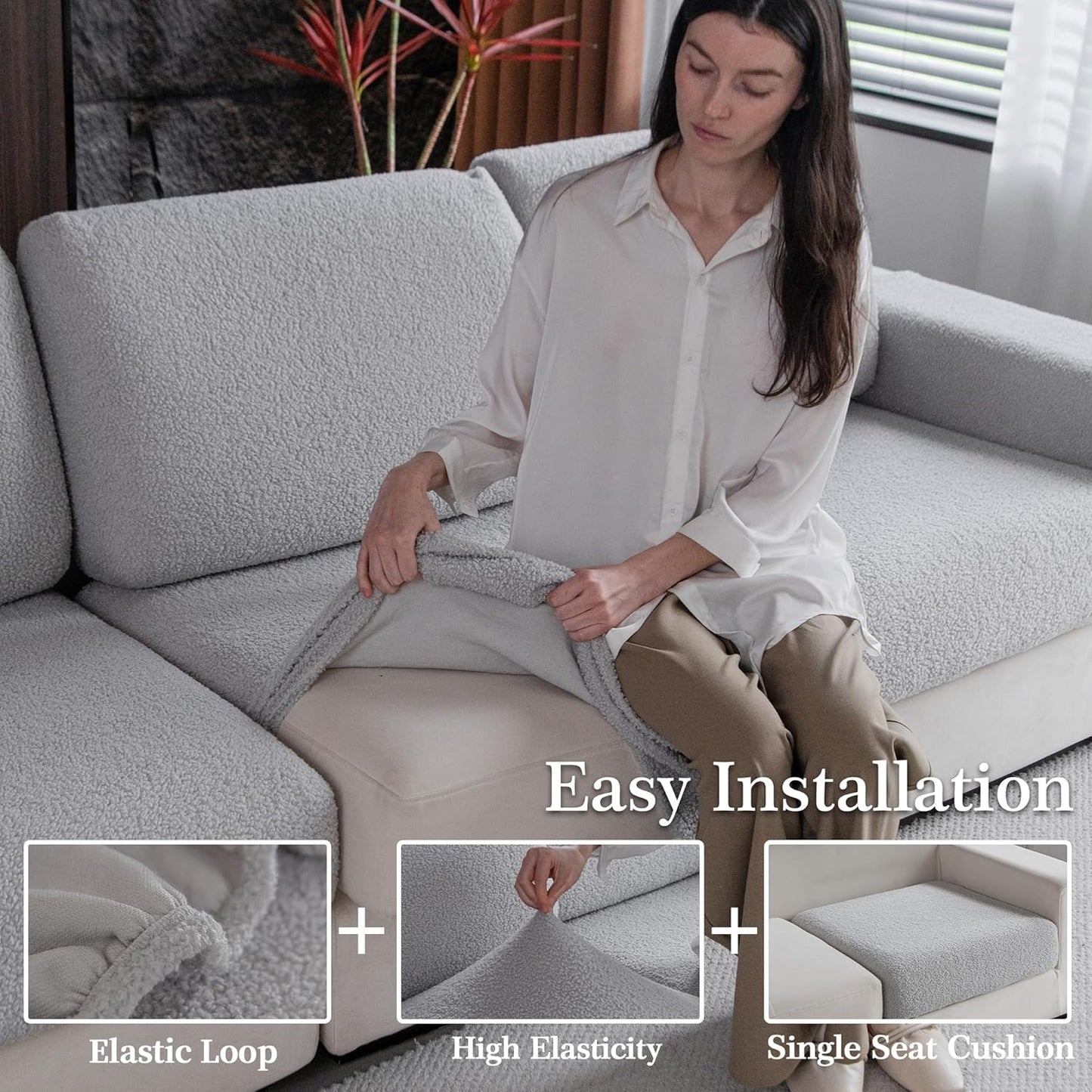 Couch Cushion Covers for Sectional Sofa, Stretch Soft Sofa Slipcovers Washable Wear-Resistant Universal Furniture Protector for Living Room(3 Seaters Covers+1 Chaise Cover, Light Gray)