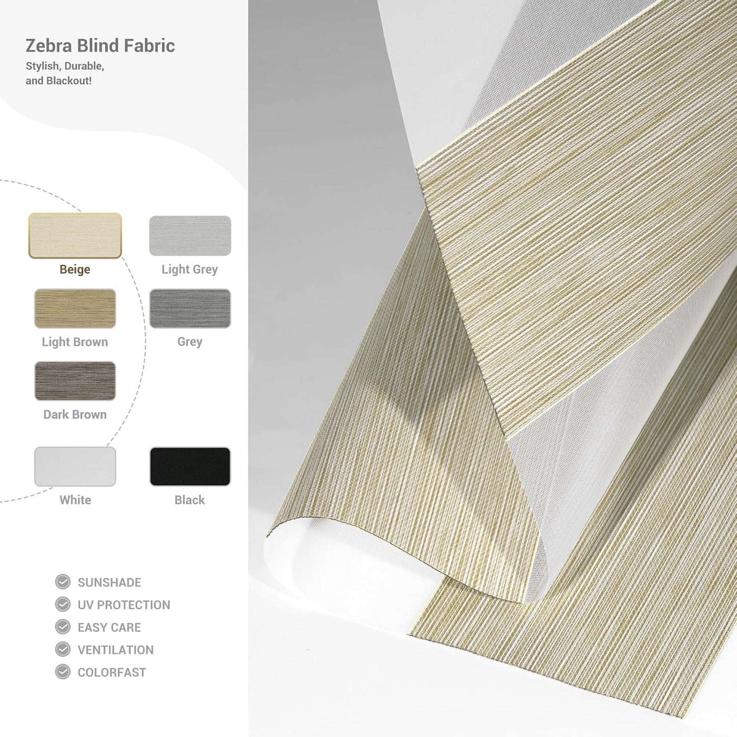 Cordless Zebra Blinds for Windows, Blackout Interior Blinds,Easy to Install,UV Protection,for Offices and Home,Custom Roller Shades, Mousse Beige,51" W x 80" H