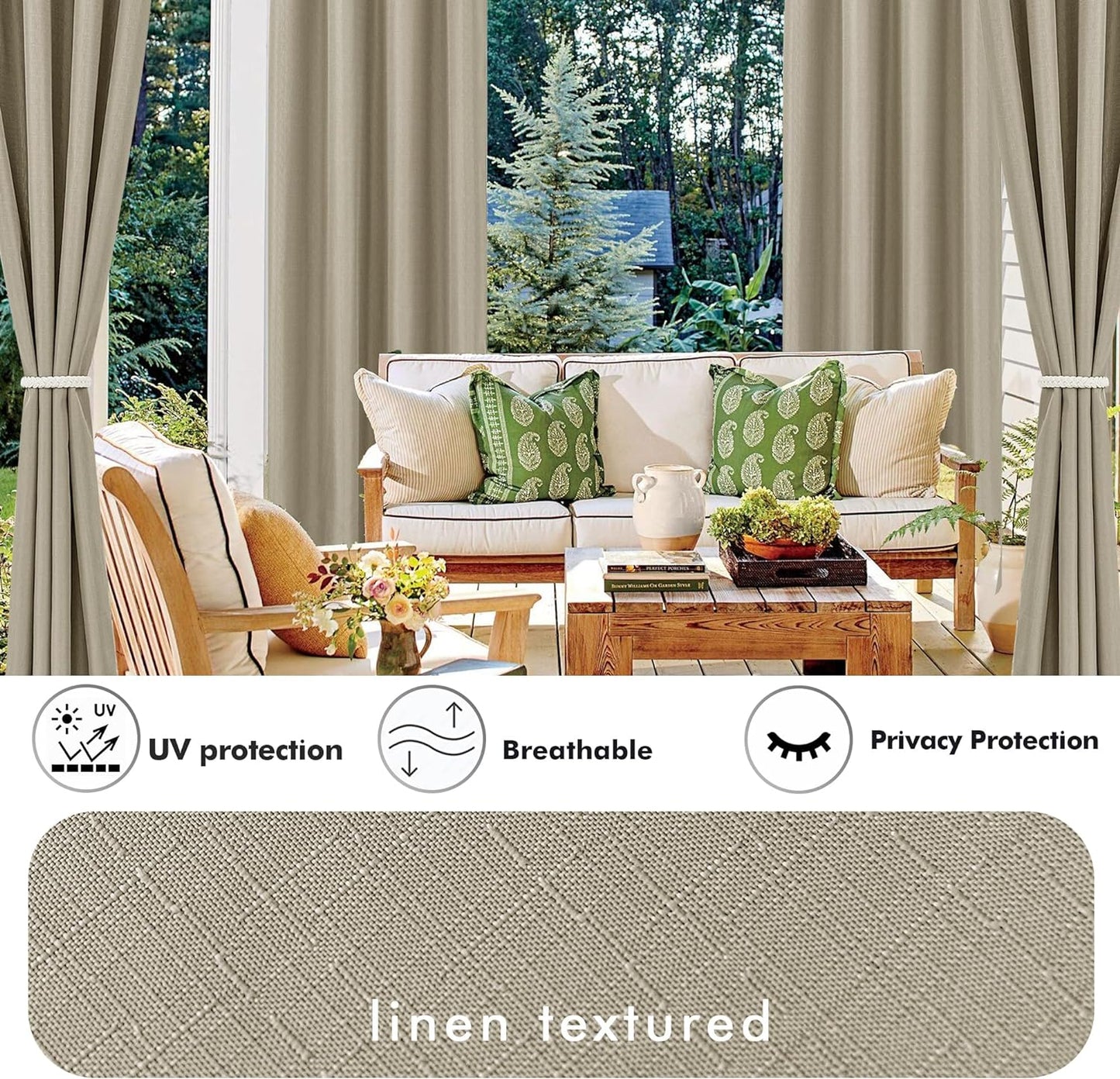 HolidayIdeas Outdoor Curtains for Patio Waterproof-4 Panels Linen Gazebo Curtains 54"x84"-Indoor/Outside Privacy Taupe Curtains Weatherproof Weighted for Pergola, Porch,Backyard,Living Room,Sunroom