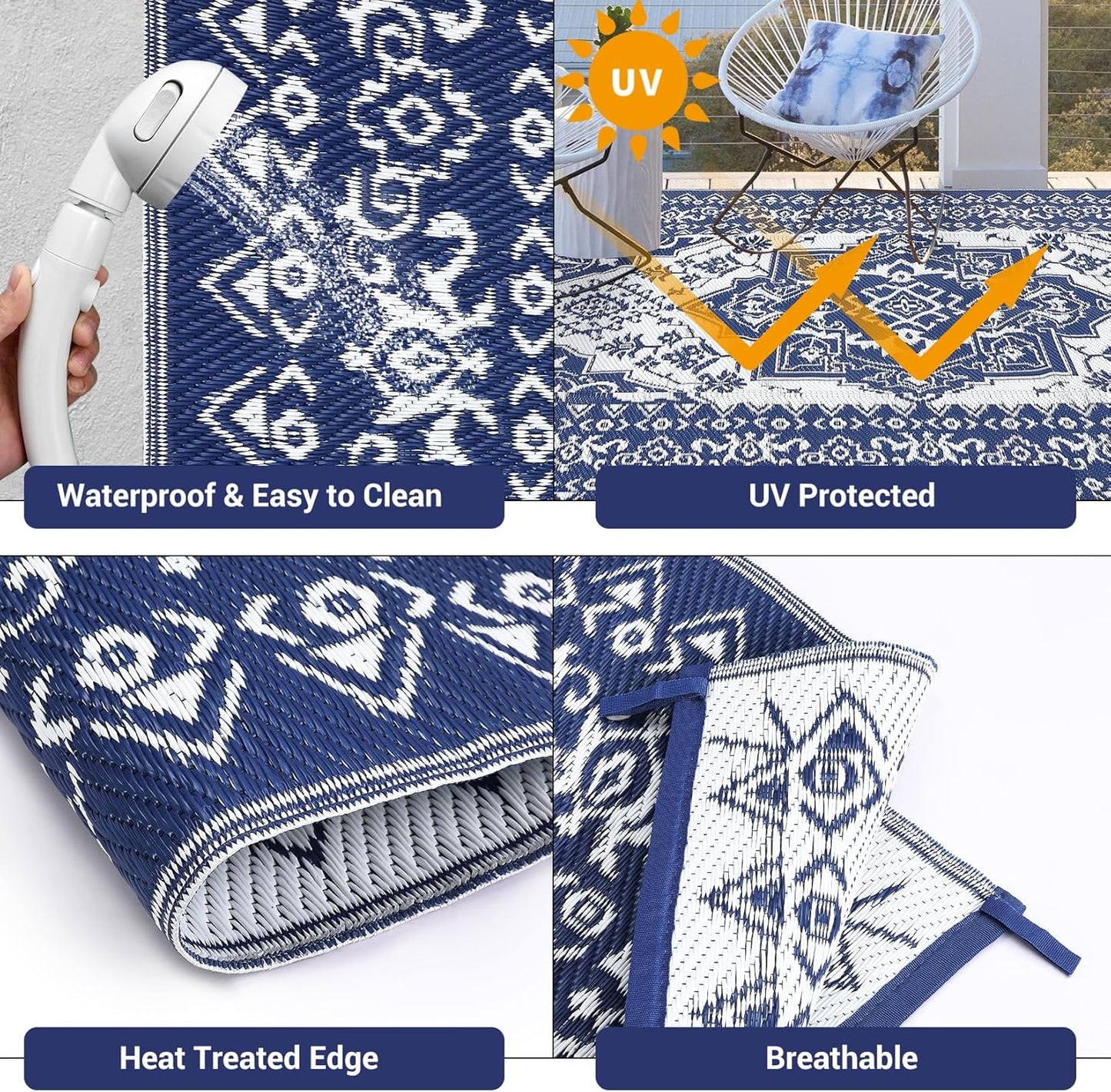 GAOMON Large Outdoor Plastic Straw Rug 10x14 Waterproof Patio Rug Reversible Foldable Portale Camping Mat with Stakes & Bag, Vintage Boho Outside Carpet for RV Garden Deck Porch, Navy